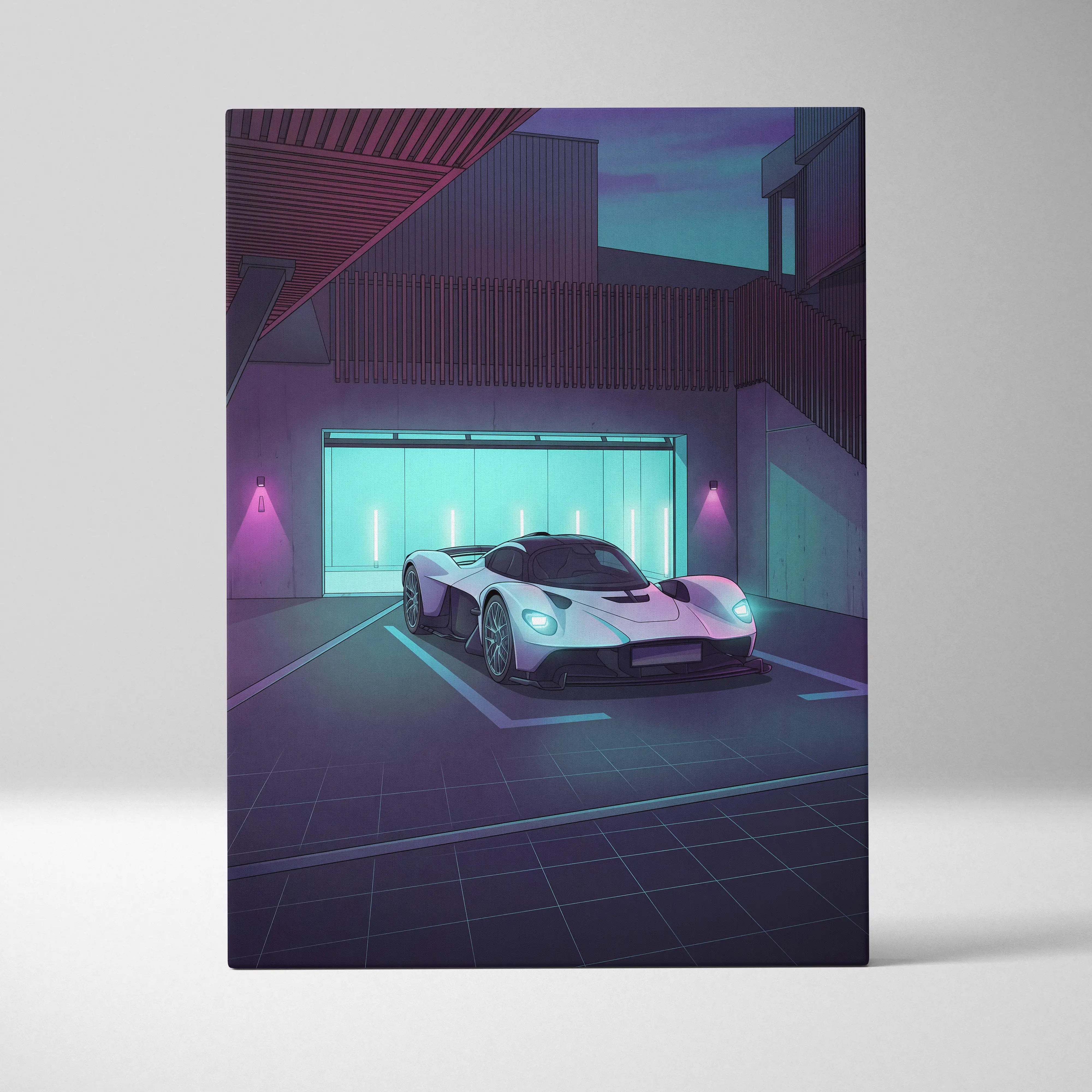 A sleek white aston martin valkyrie inspired hypercar with glowing headlights in a neon lit vaporwave garage canvas