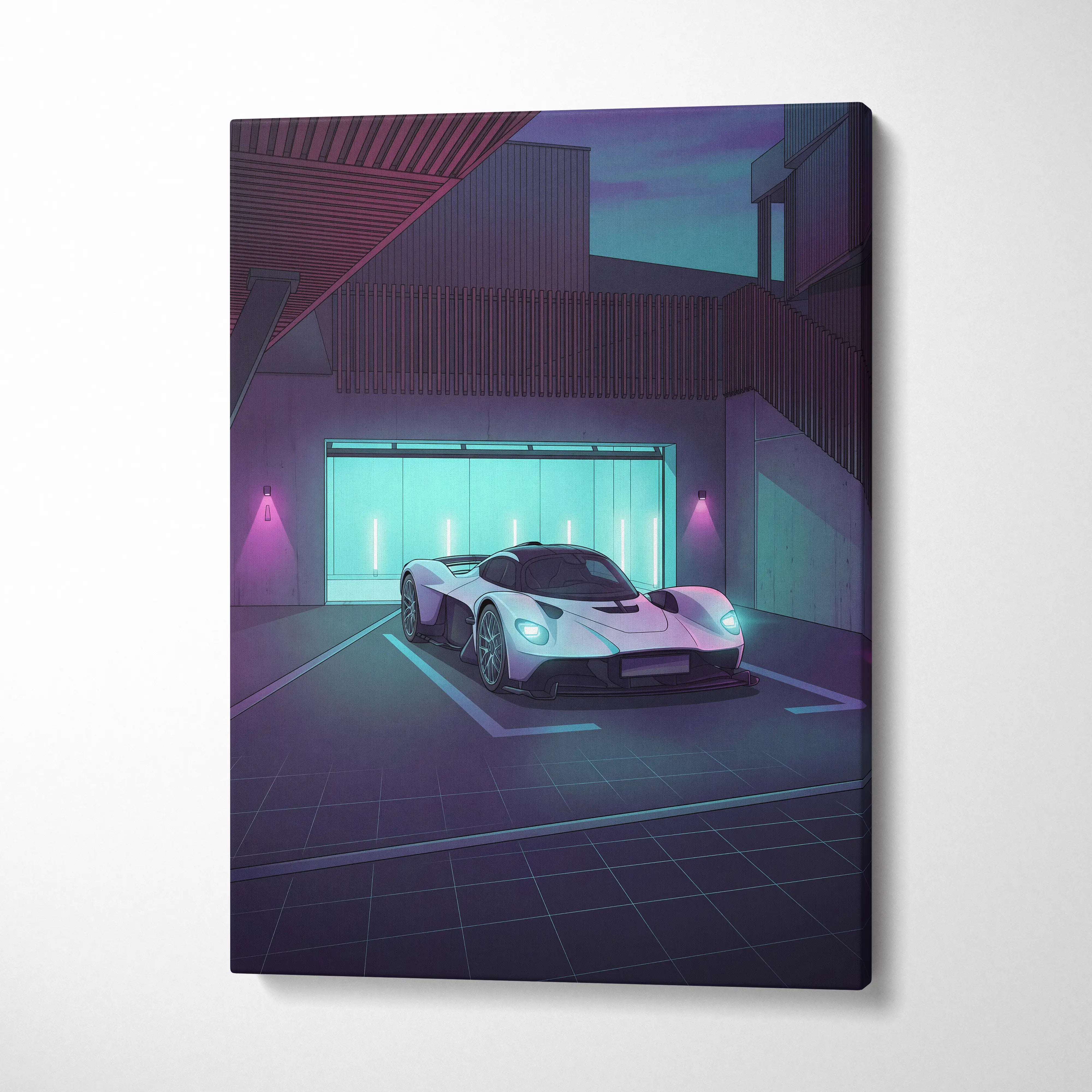 Aston Martin Valkyrie Inspired Vaporwave Car Canvas - Car Art Purple Blue Neon Living Room Vaporwave Mood Neon Dream Retro Futurist Decor Canvas
