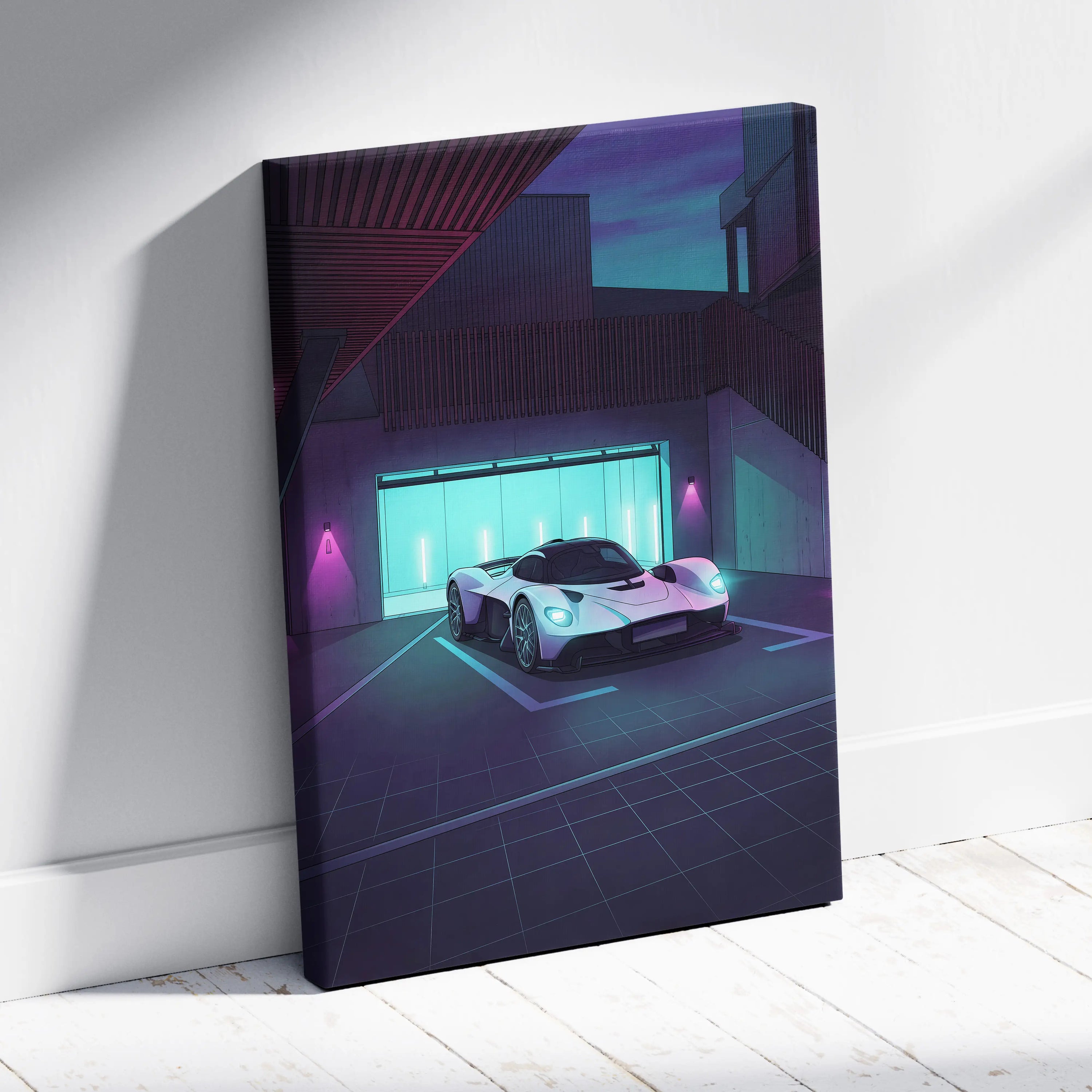 Aston Martin Valkyrie Inspired Vaporwave Car Canvas - Car Art Purple Blue Neon Living Room Vaporwave Mood Neon Dream Retro Futurist Decor Canvas