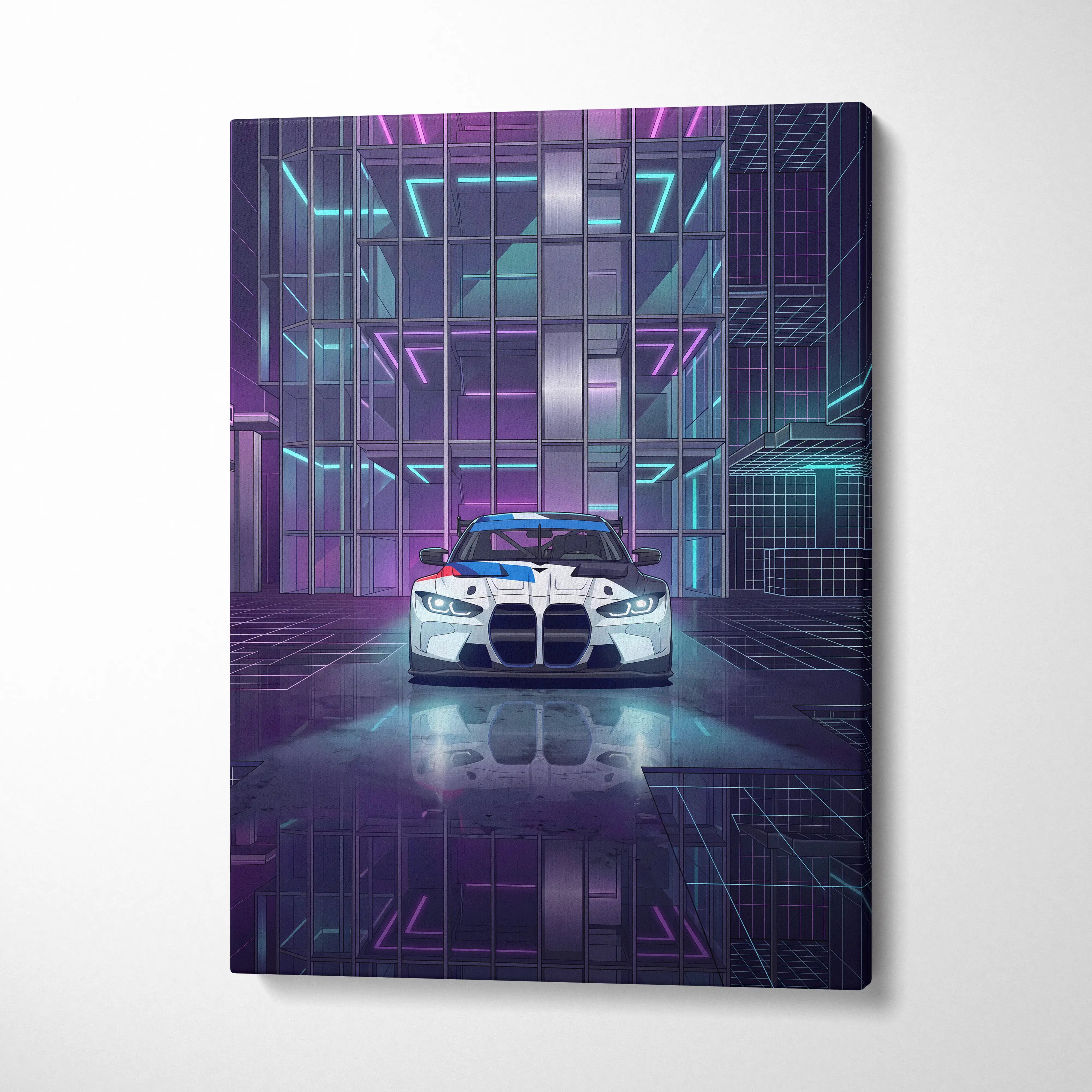 BMW M4 GT3 Inspired Vaporwave Art - Car Neon Pink Purple Blue Living Room Retro Futurism Energetic Neon Vaporwave Canvas