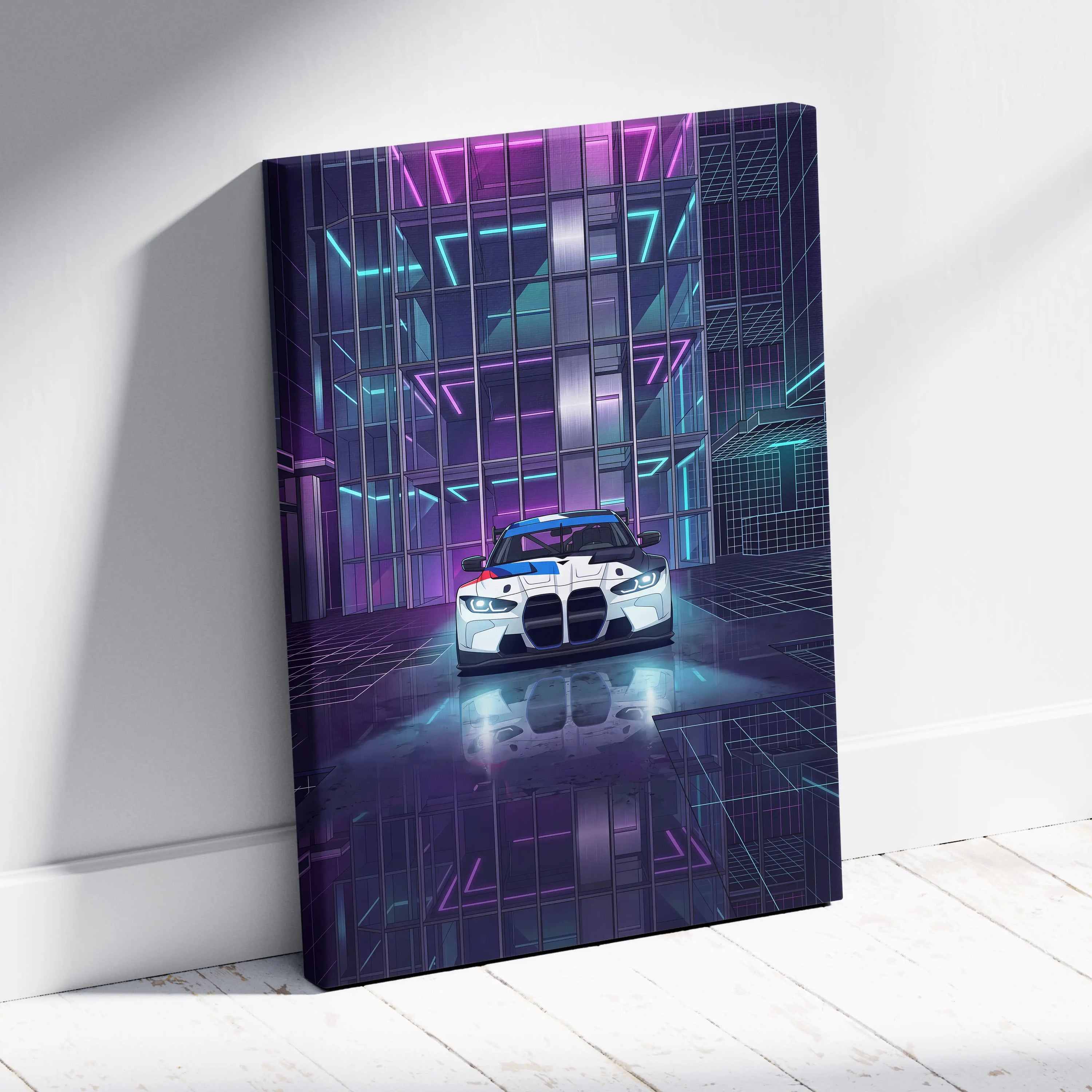 BMW M4 GT3 Inspired Vaporwave Art - Car Neon Pink Purple Blue Living Room Retro Futurism Energetic Neon Vaporwave Canvas