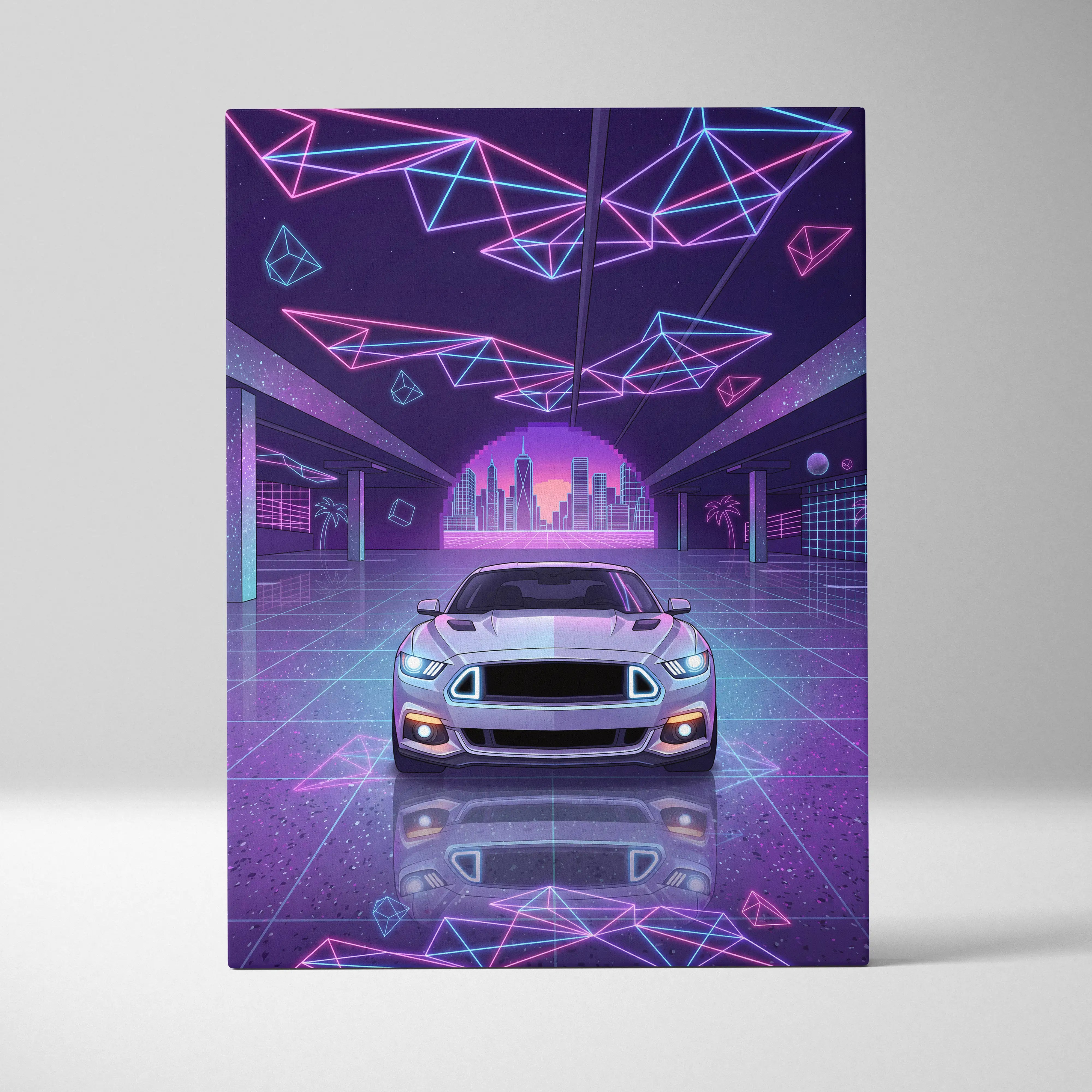 A sleek silver ford mustang with glowing blue headlights in a neon-lit vaporwave city skyline canvas print