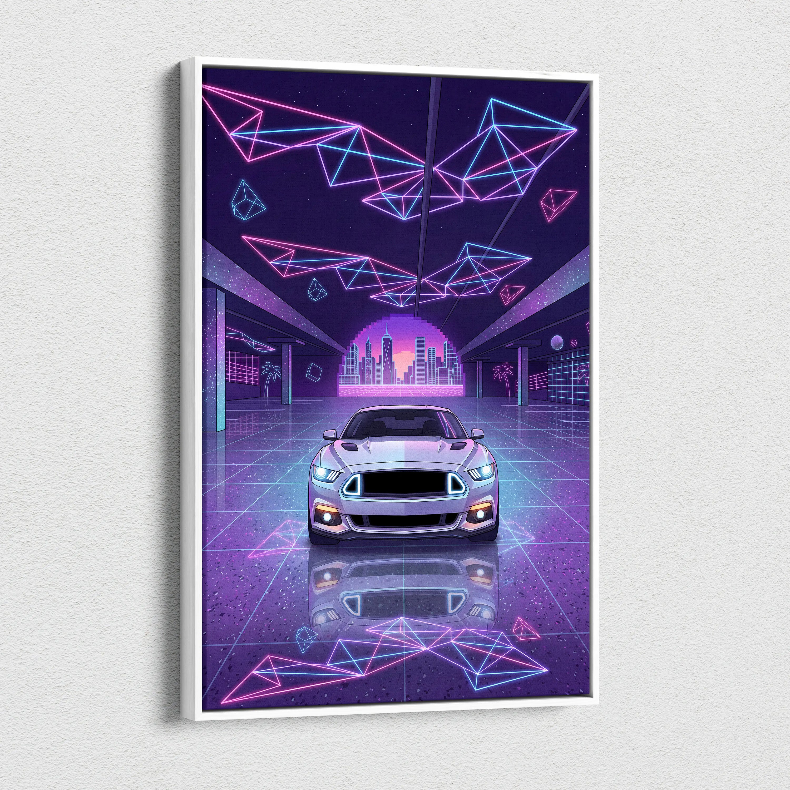 Ford Mustang Inspired Neon Vaporwave City Skyline - Vaporwave Neon Pink City Wall Art Mood Cyberpunk Canvas Print