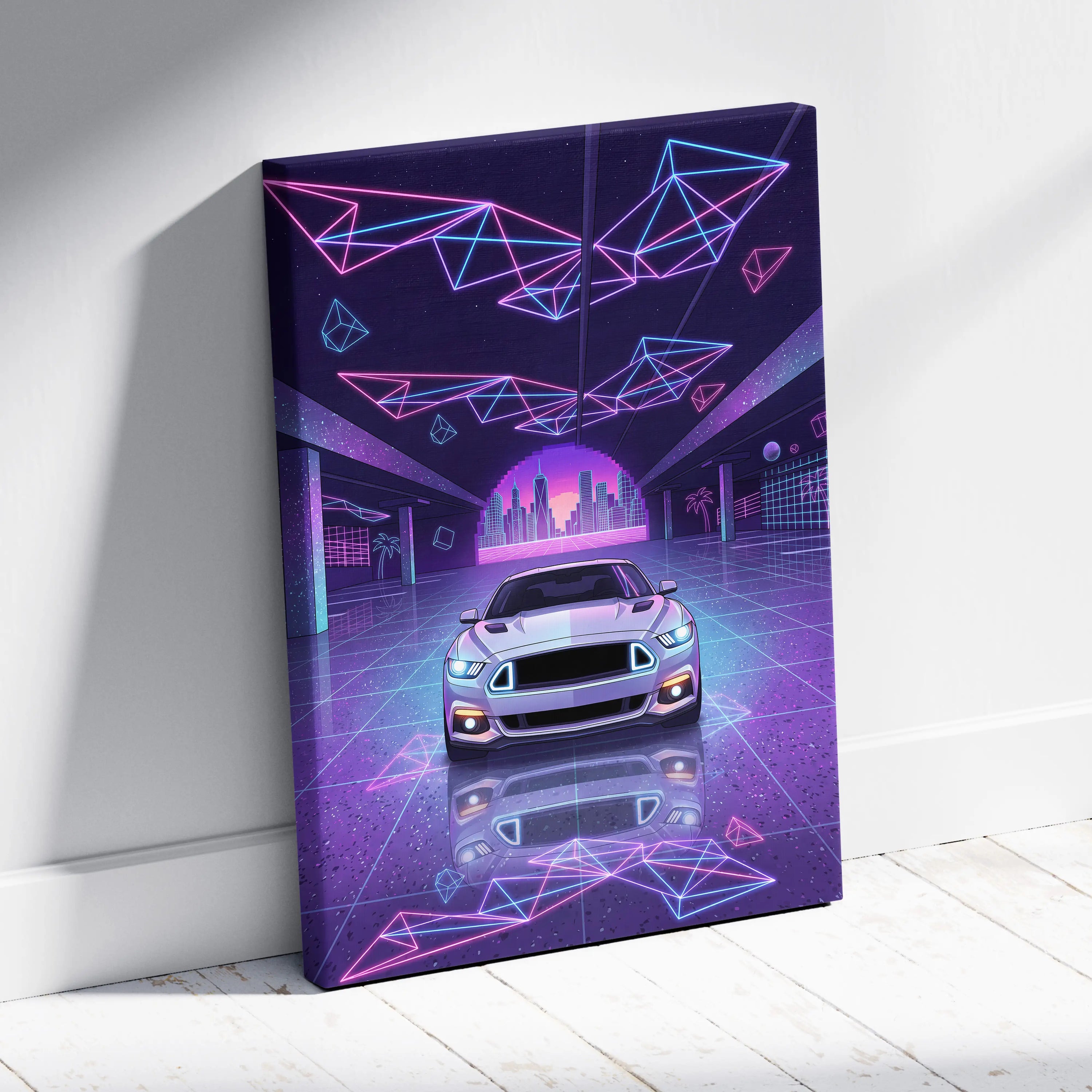 Ford Mustang Inspired Neon Vaporwave City Skyline - Vaporwave Neon Pink City Wall Art Mood Cyberpunk Canvas Print