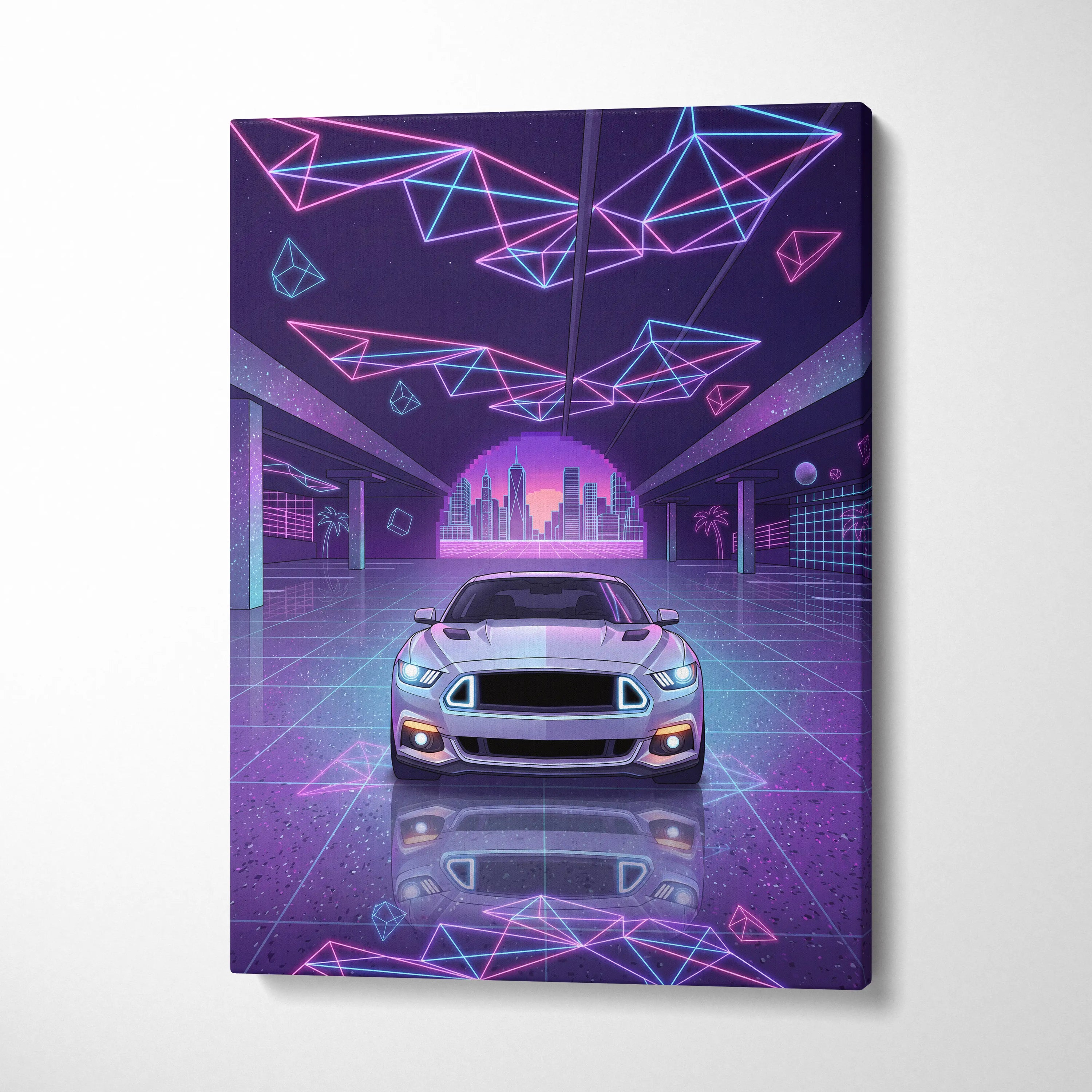 Ford Mustang Inspired Neon Vaporwave City Skyline - Vaporwave Neon Pink City Wall Art Mood Cyberpunk Canvas Print