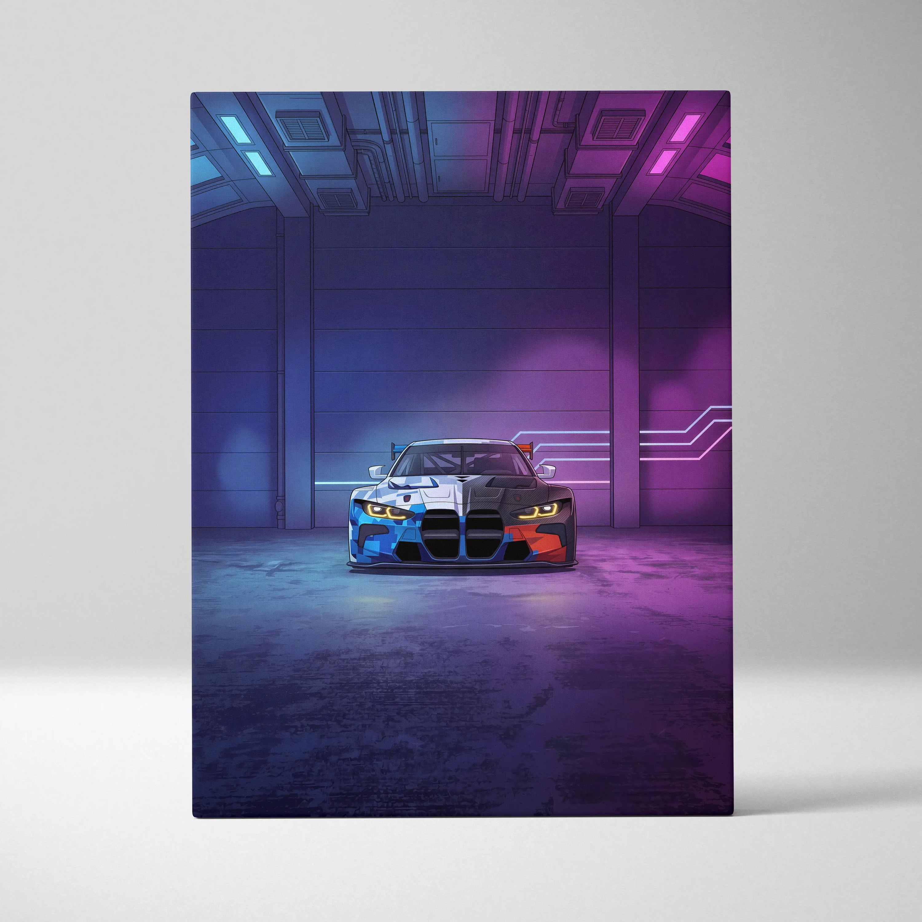 BMW M4 GT3 Inspired Vaporwave Car Canvas - Car Art Neon Blue Gradient Vaporwave Nostalgic Mood Retro Futurism Neon Car Wall Art Canvas