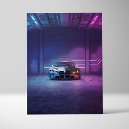 BMW M4 GT3 Inspired Vaporwave Car Canvas - Car Art Neon Blue Gradient Vaporwave Nostalgic Mood Retro Futurism Neon Car Wall Art Canvas