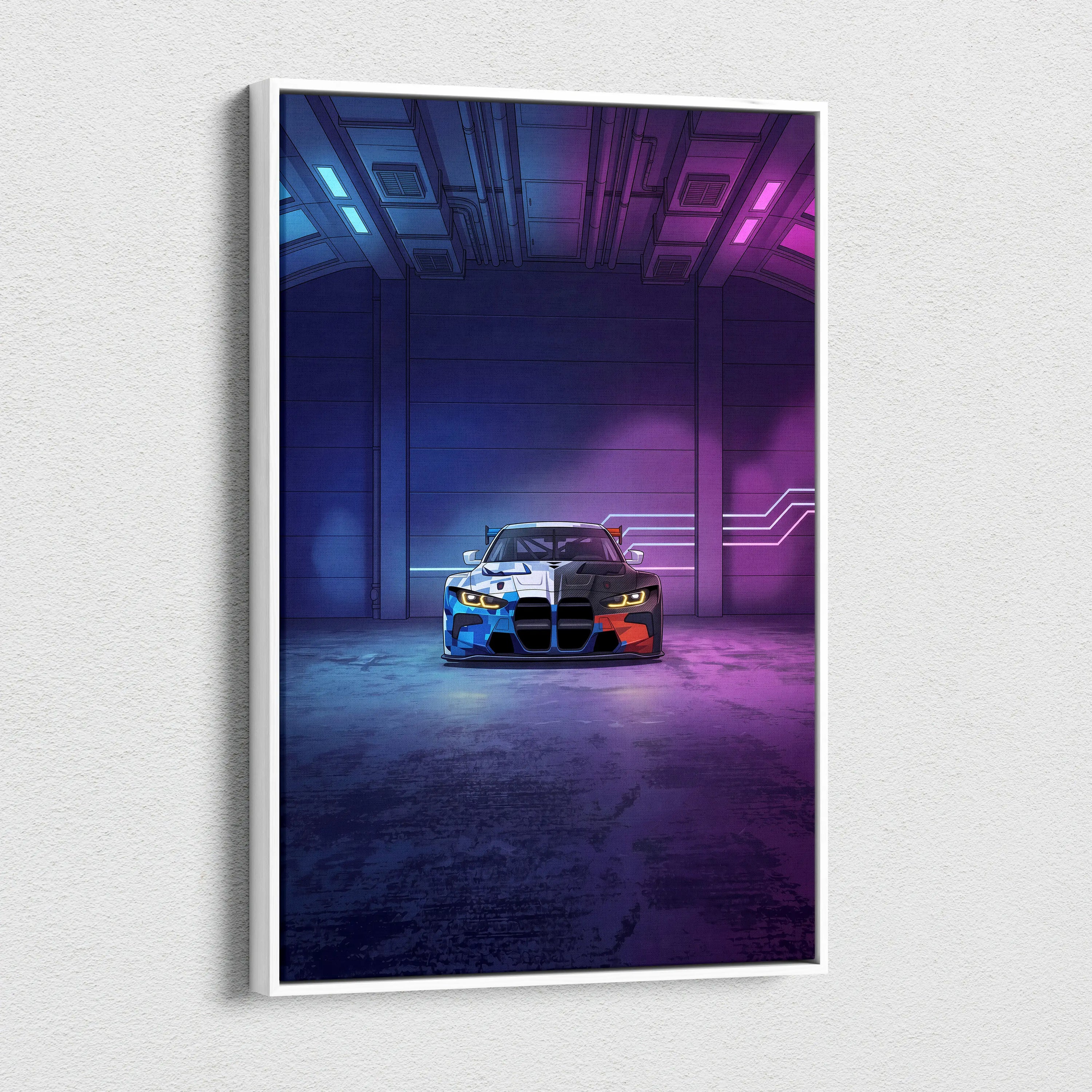 BMW M4 GT3 Inspired Vaporwave Car Canvas - Car Art Neon Blue Gradient Vaporwave Nostalgic Mood Retro Futurism Neon Car Wall Art Canvas
