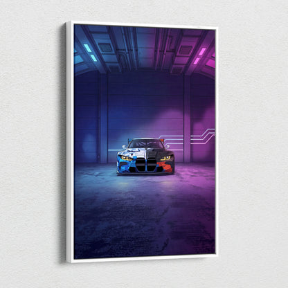 BMW M4 GT3 Inspired Vaporwave Car Canvas - Car Art Neon Blue Gradient Vaporwave Nostalgic Mood Retro Futurism Neon Car Wall Art Canvas