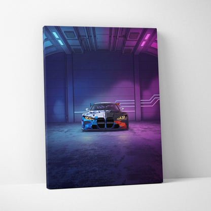 BMW M4 GT3 Inspired Vaporwave Car Canvas - Car Art Neon Blue Gradient Vaporwave Nostalgic Mood Retro Futurism Neon Car Wall Art Canvas