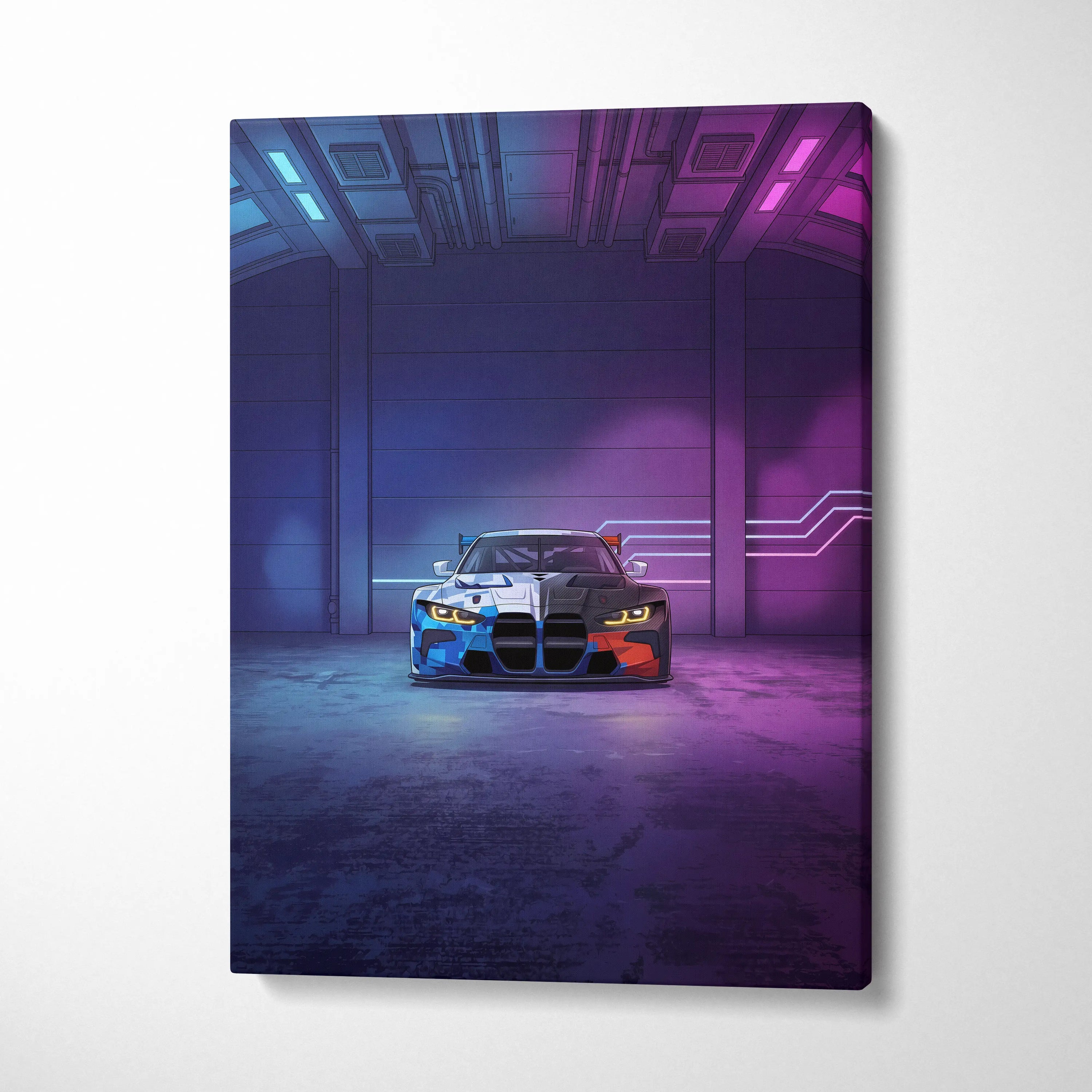 BMW M4 GT3 Inspired Vaporwave Car Canvas - Car Art Neon Blue Gradient Vaporwave Nostalgic Mood Retro Futurism Neon Car Wall Art Canvas