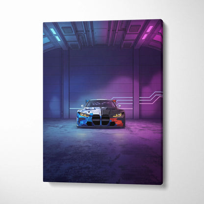 BMW M4 GT3 Inspired Vaporwave Car Canvas - Car Art Neon Blue Gradient Vaporwave Nostalgic Mood Retro Futurism Neon Car Wall Art Canvas