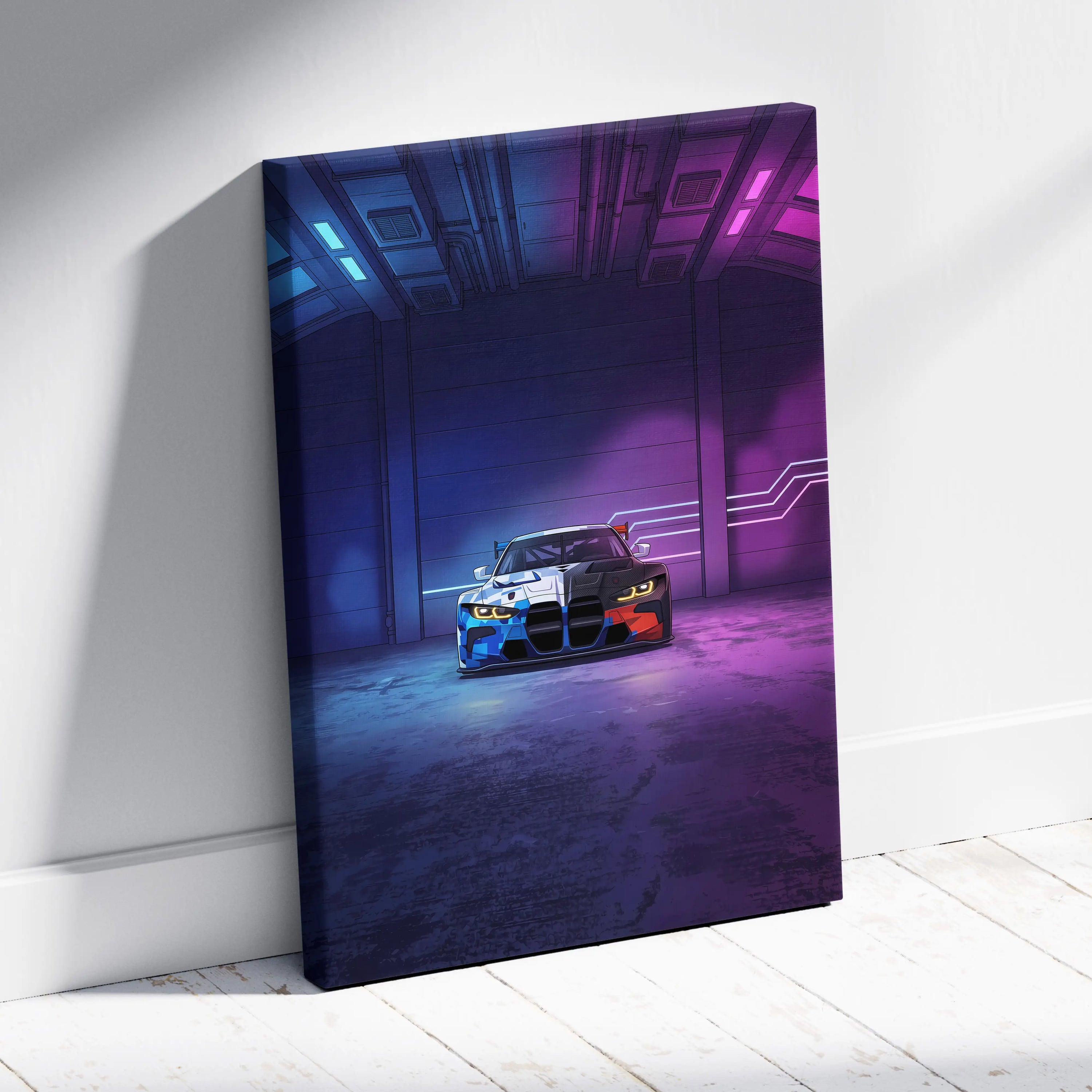 BMW M4 GT3 Inspired Vaporwave Car Canvas - Car Art Neon Blue Gradient Vaporwave Nostalgic Mood Retro Futurism Neon Car Wall Art Canvas