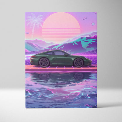 Porsche 911 Inspired Neon Sunset Palm Car - Vaporwave Artwork Teal Pink Living Room Retro Futurism Mood Canvas Print