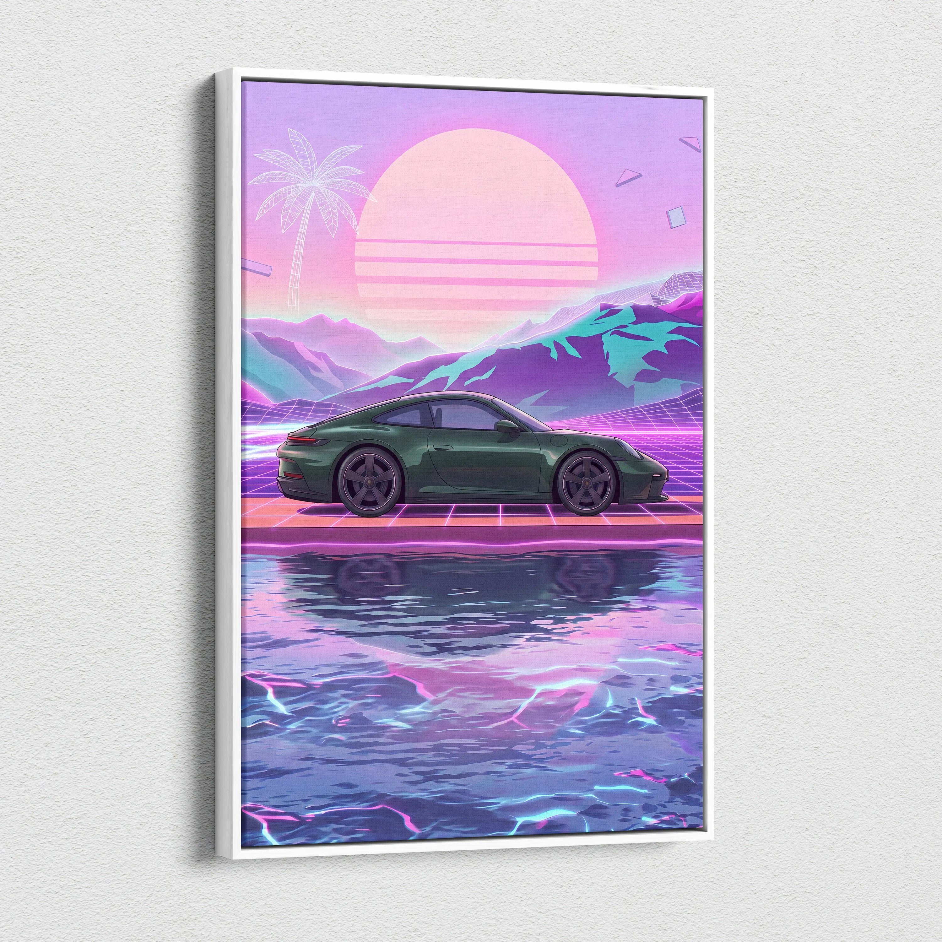 Porsche 911 Inspired Neon Sunset Palm Car - Vaporwave Artwork Teal Pink Living Room Retro Futurism Mood Canvas Print