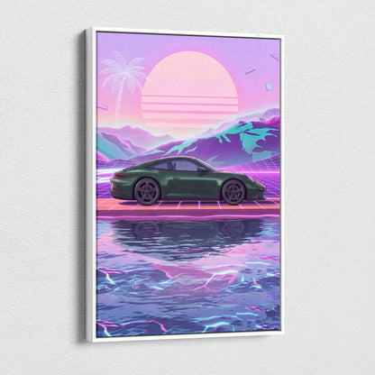 Porsche 911 Inspired Neon Sunset Palm Car - Vaporwave Artwork Teal Pink Living Room Retro Futurism Mood Canvas Print