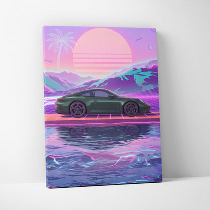 Porsche 911 Inspired Neon Sunset Palm Car - Vaporwave Artwork Teal Pink Living Room Retro Futurism Mood Canvas Print
