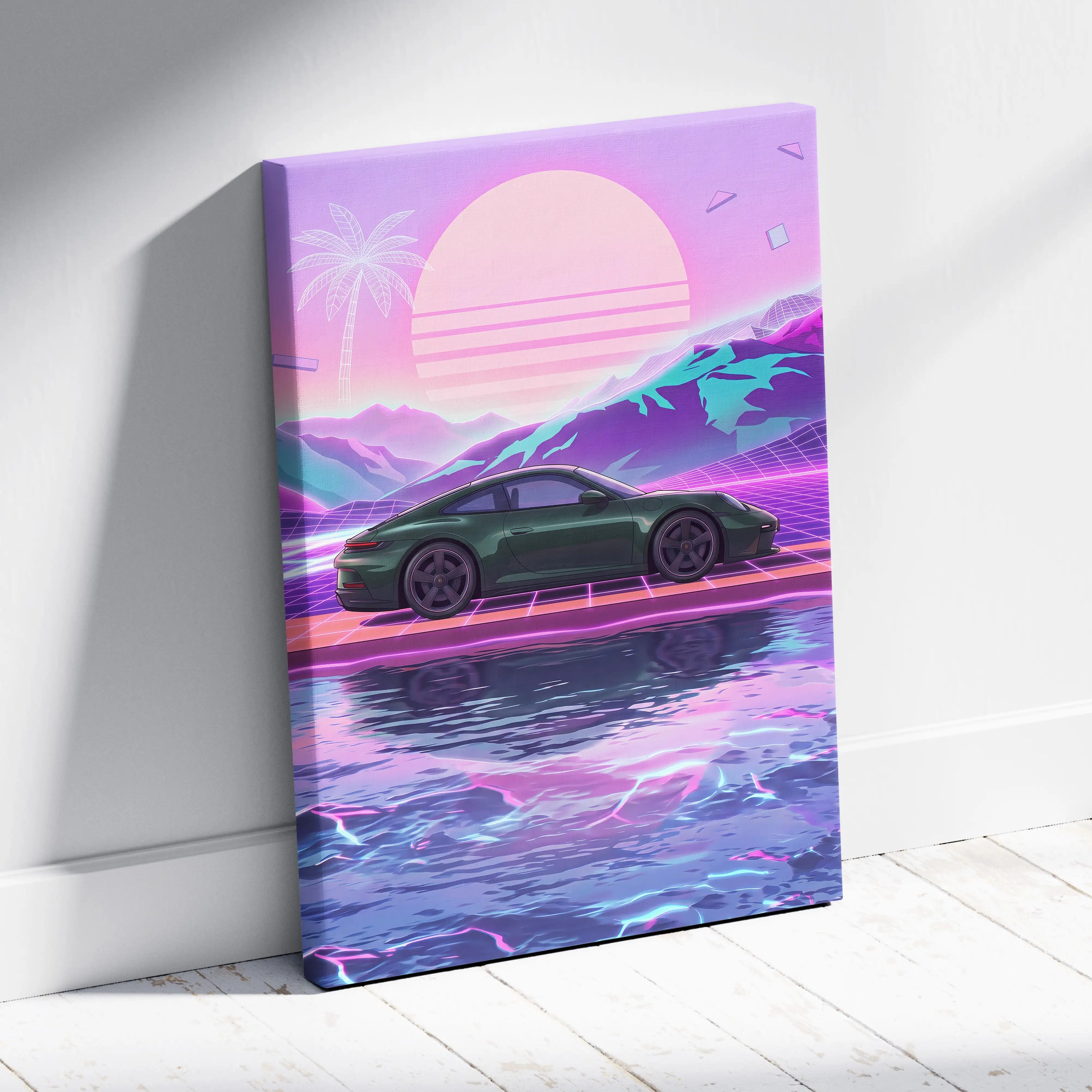 Porsche 911 Inspired Neon Sunset Palm Car - Vaporwave Artwork Teal Pink Living Room Retro Futurism Mood Canvas Print