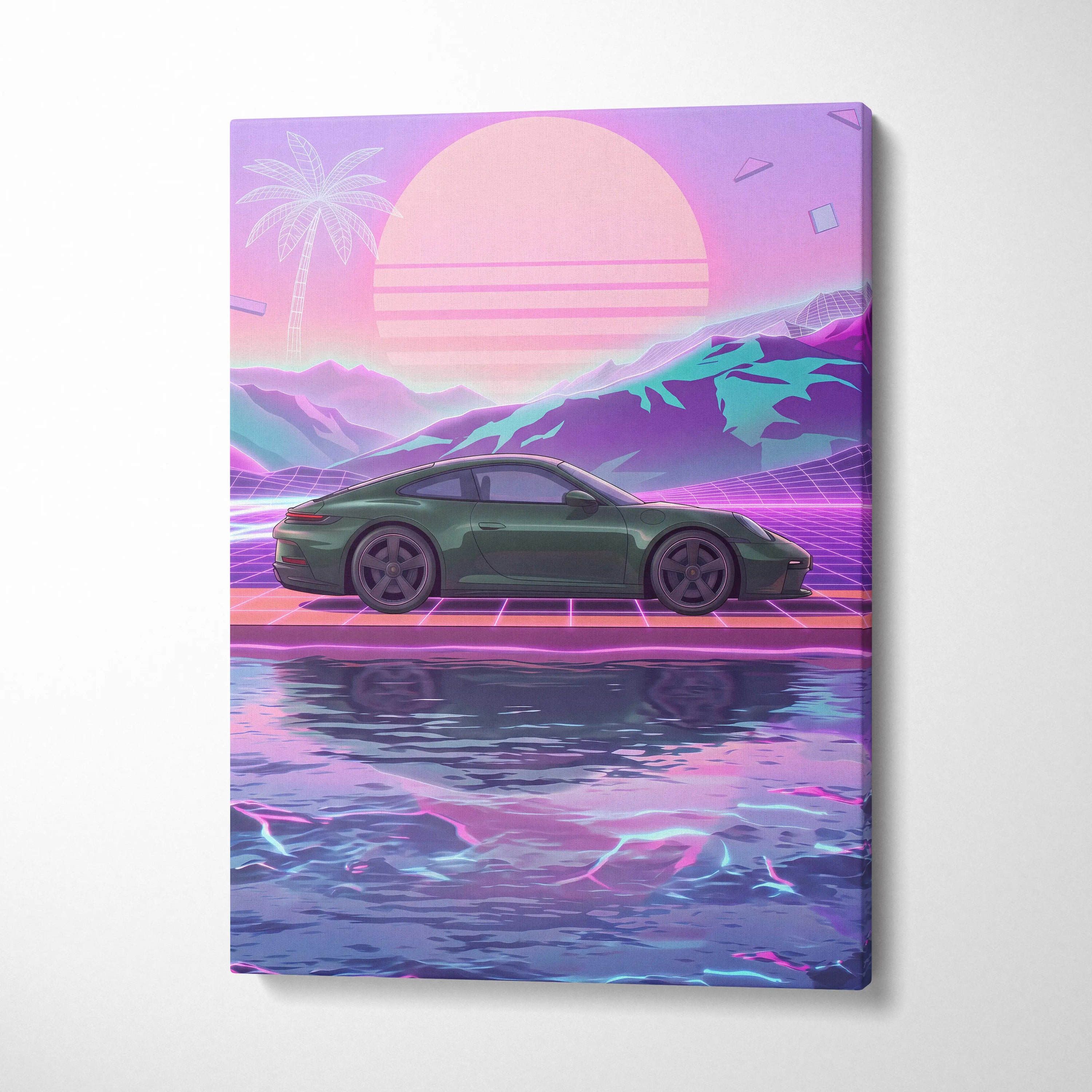 Porsche 911 Inspired Neon Sunset Palm Car - Vaporwave Artwork Teal Pink Living Room Retro Futurism Mood Canvas Print