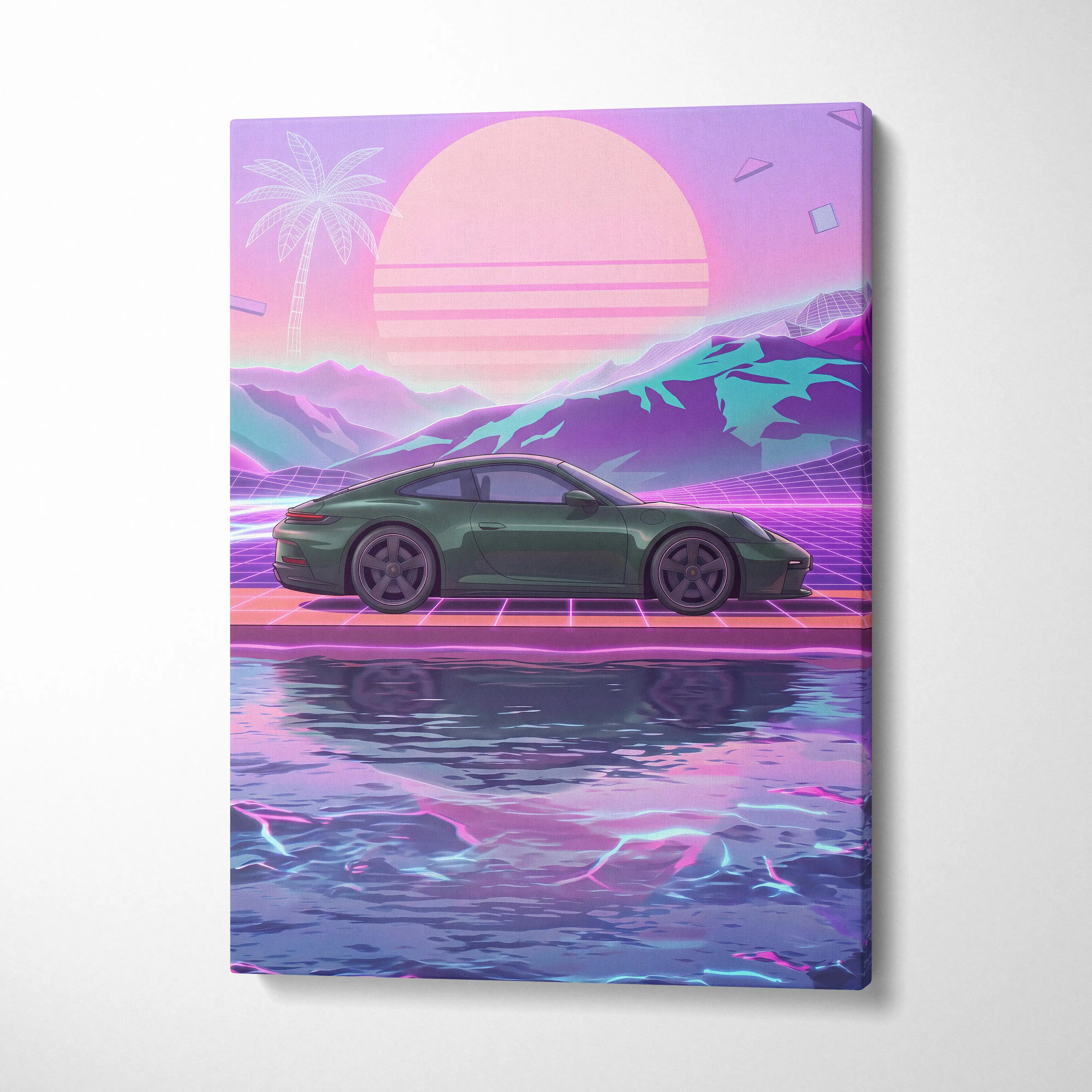 Porsche 911 Inspired Neon Sunset Palm Car - Vaporwave Artwork Teal Pink Living Room Retro Futurism Mood Canvas Print