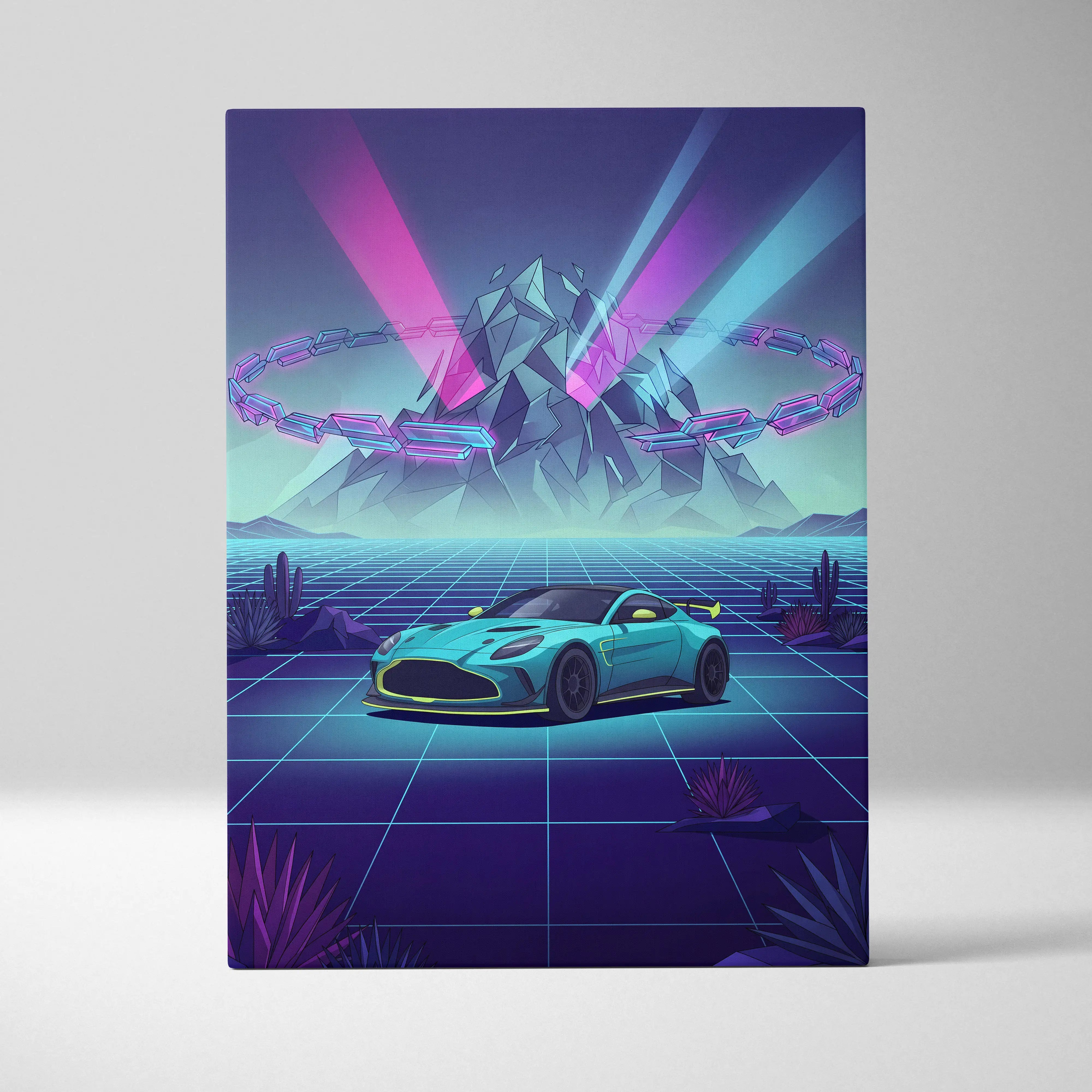 Aston Martin Vantage GT3 Inspired Vaporwave Car Canvas - Vaporwave Car Art Neon Pink Blue Retro Futurism Mood Nostalgic Neon Modern Wall Decor Canvas