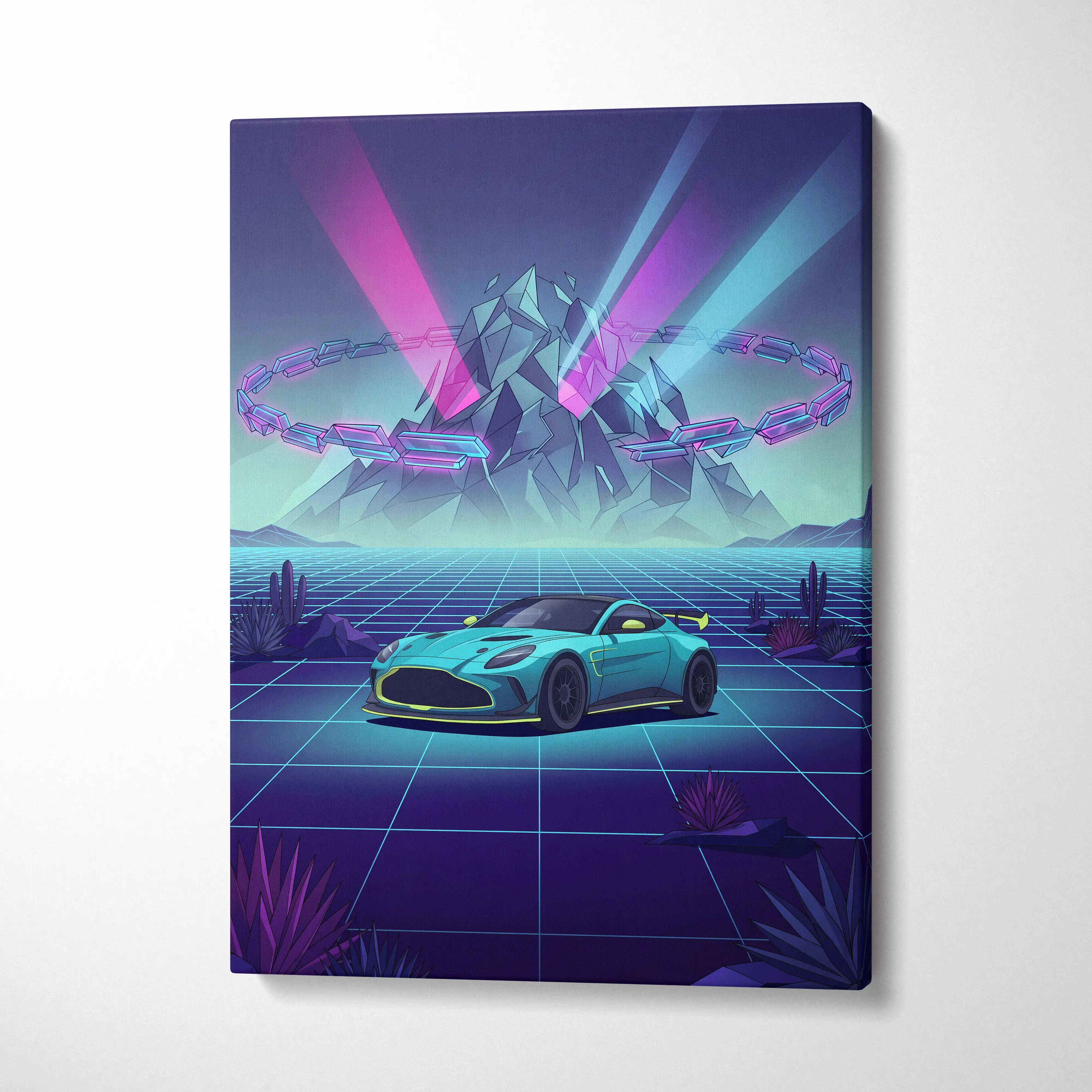 Aston Martin Vantage GT3 Inspired Vaporwave Car Canvas - Vaporwave Car Art Neon Pink Blue Retro Futurism Mood Nostalgic Neon Modern Wall Decor Canvas