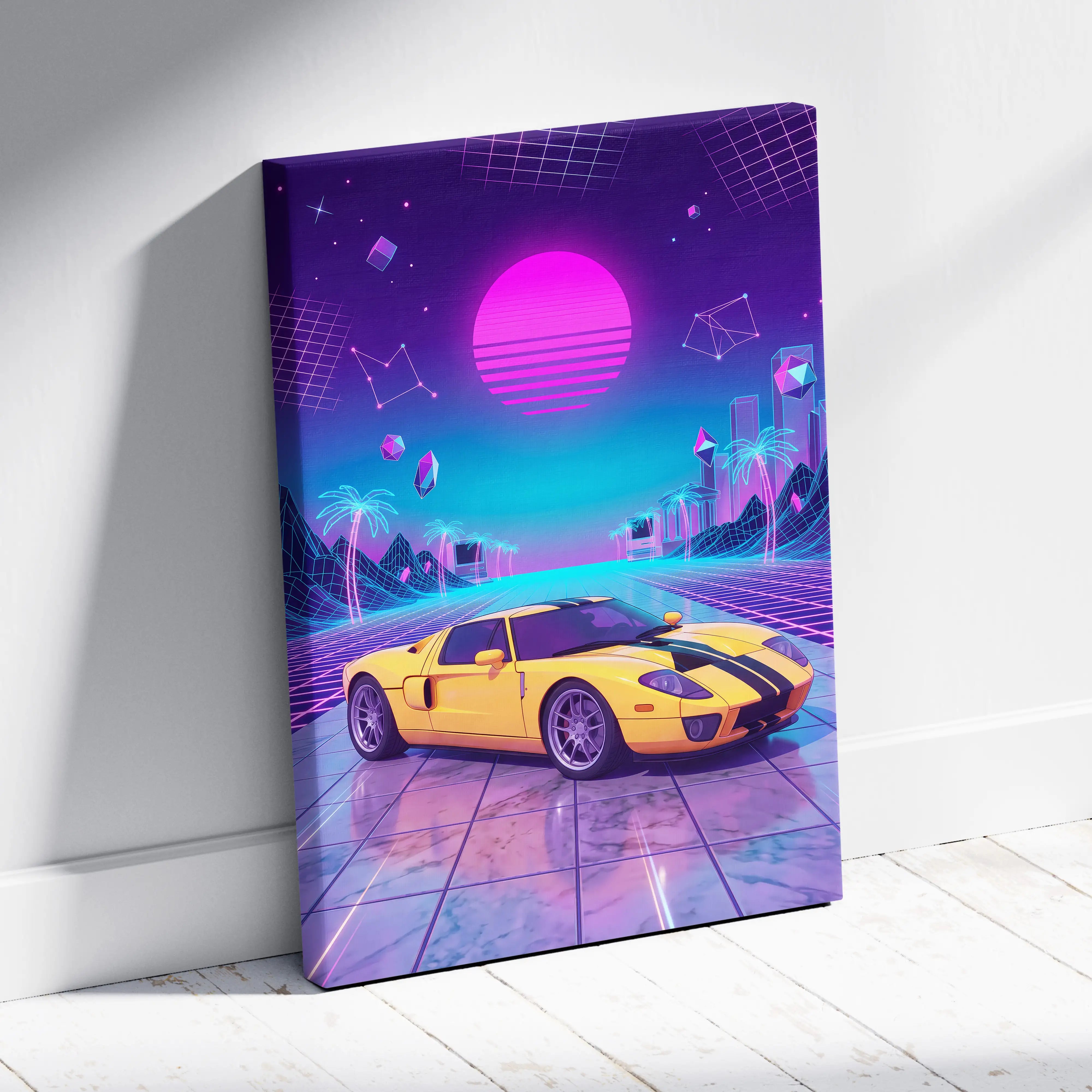 Vibrant yellow ford gt inspired sports car with black racing stripes on vaporwave canvas in neon purple blue hues