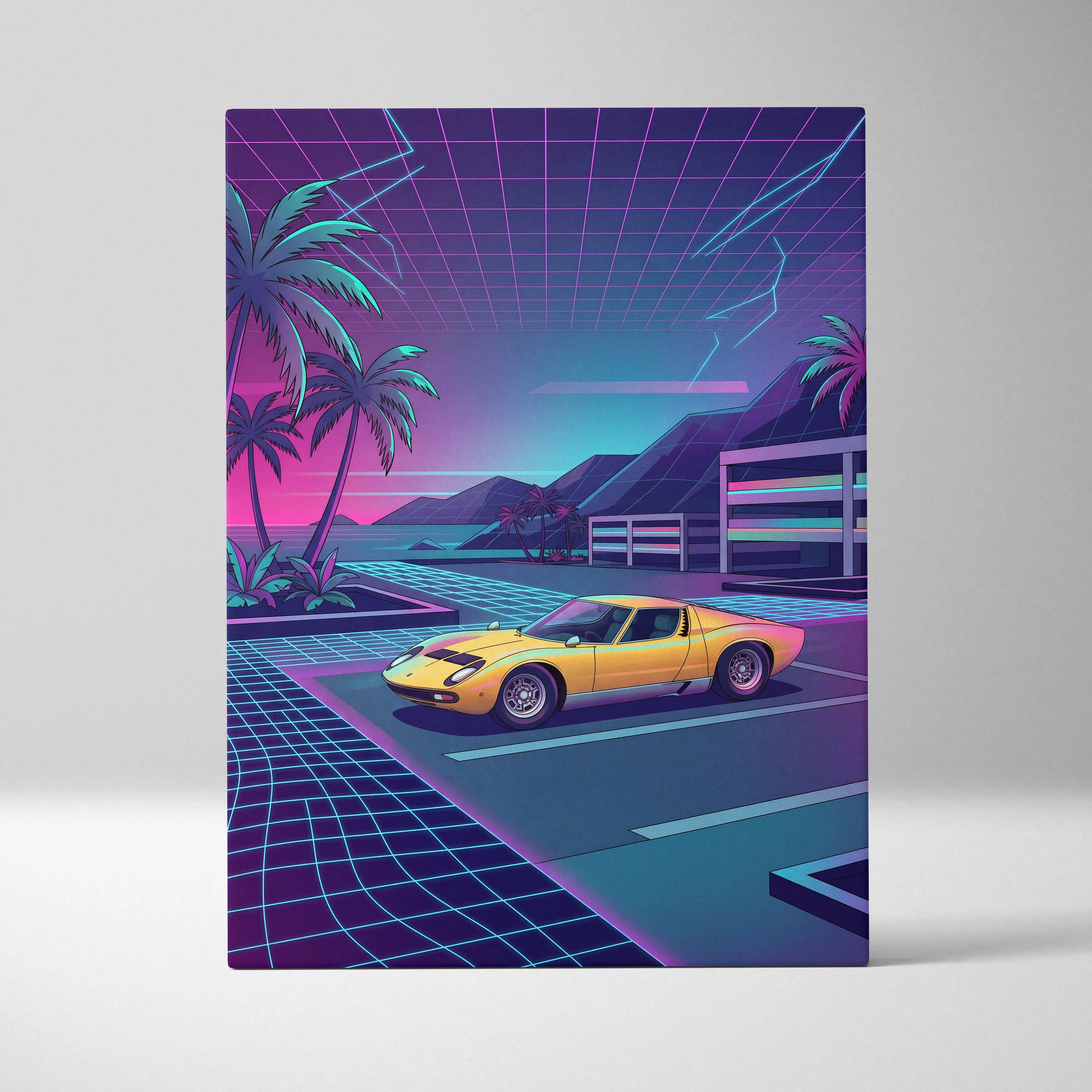 Lamborghini Miura Inspired, Neon Palm Vaporwave Canvas - Neon Palm Vaporwave Wall Art