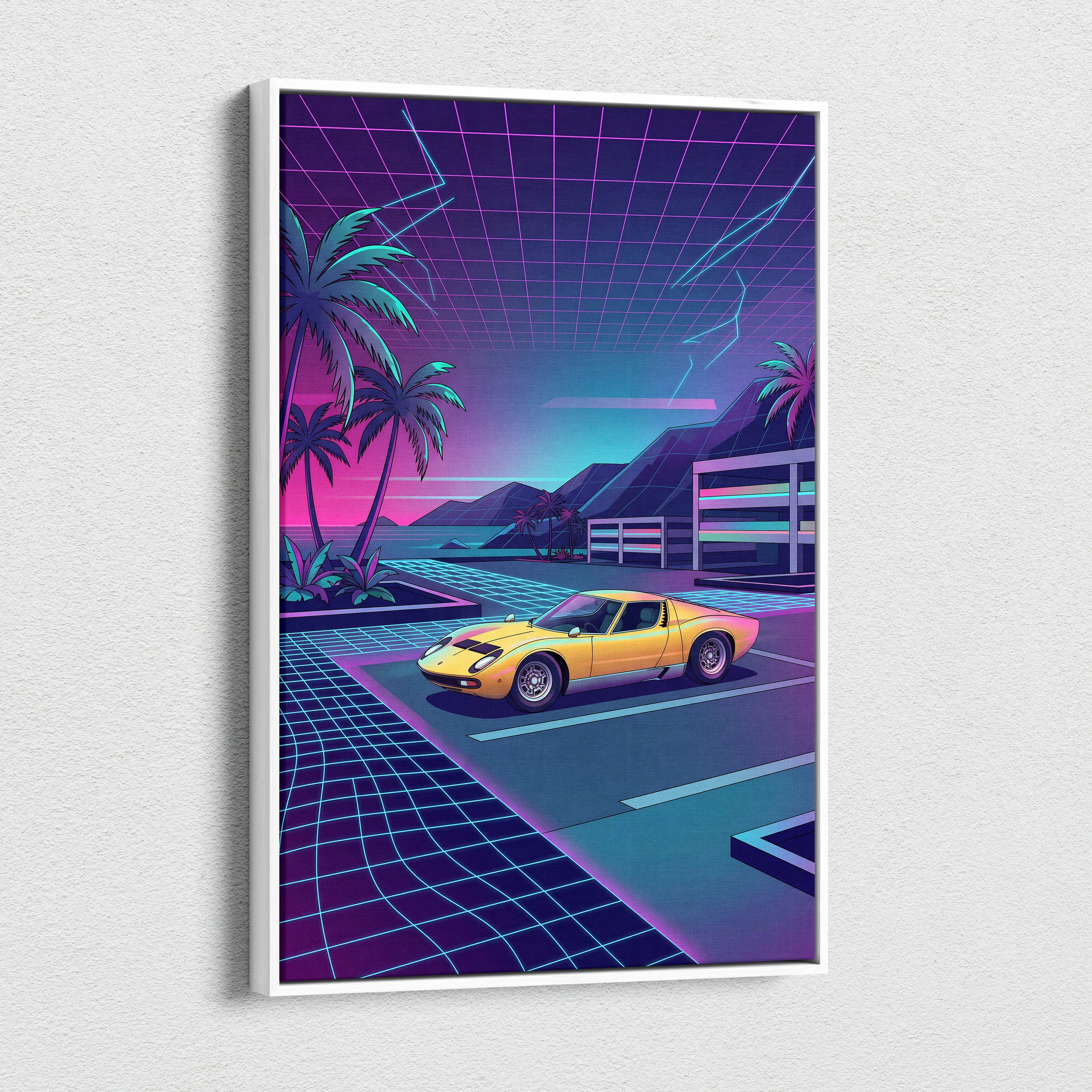 Lamborghini Miura Inspired, Neon Palm Vaporwave Canvas - Neon Palm Vaporwave Wall Art
