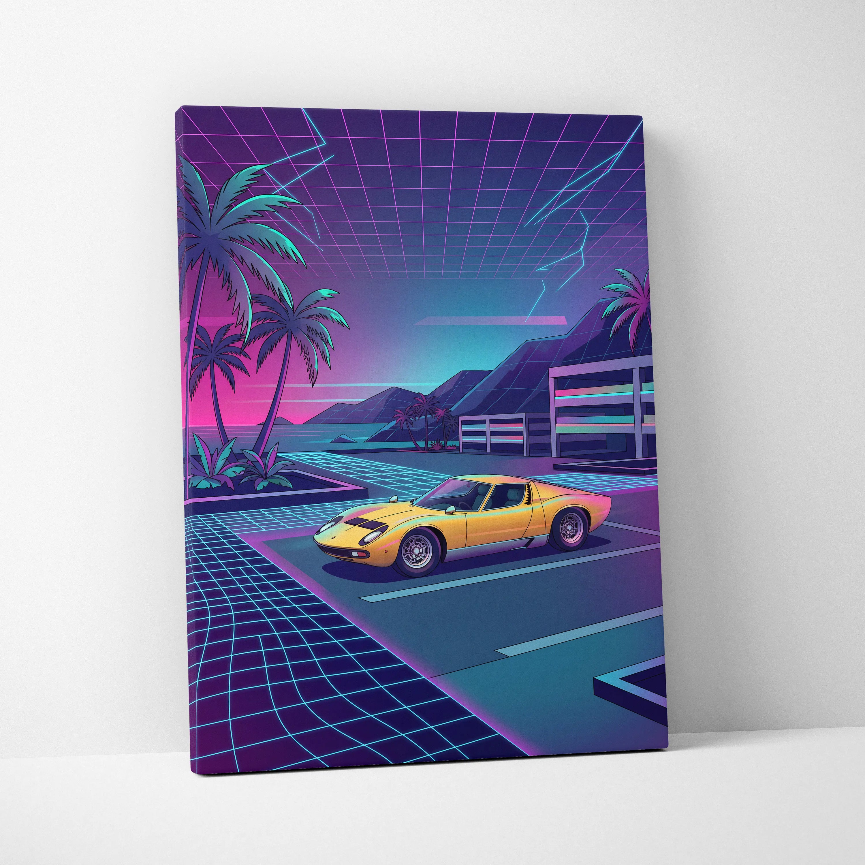 Lamborghini Miura Inspired, Neon Palm Vaporwave Canvas - Neon Palm Vaporwave Wall Art