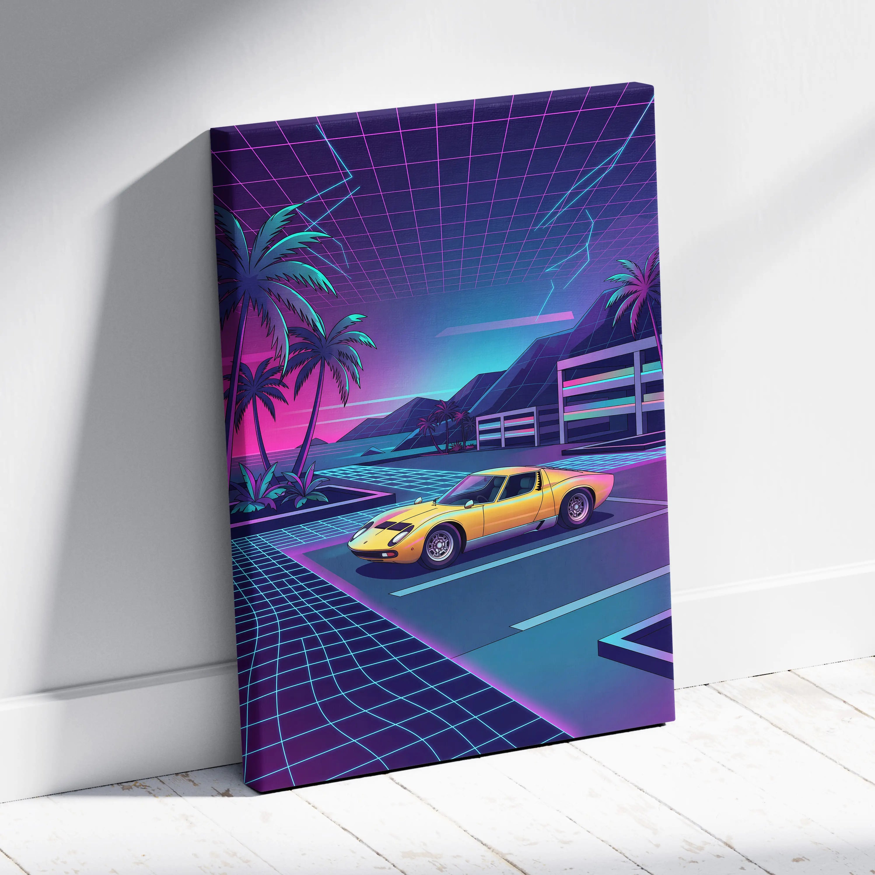 Lamborghini Miura Inspired, Neon Palm Vaporwave Canvas - Neon Palm Vaporwave Wall Art