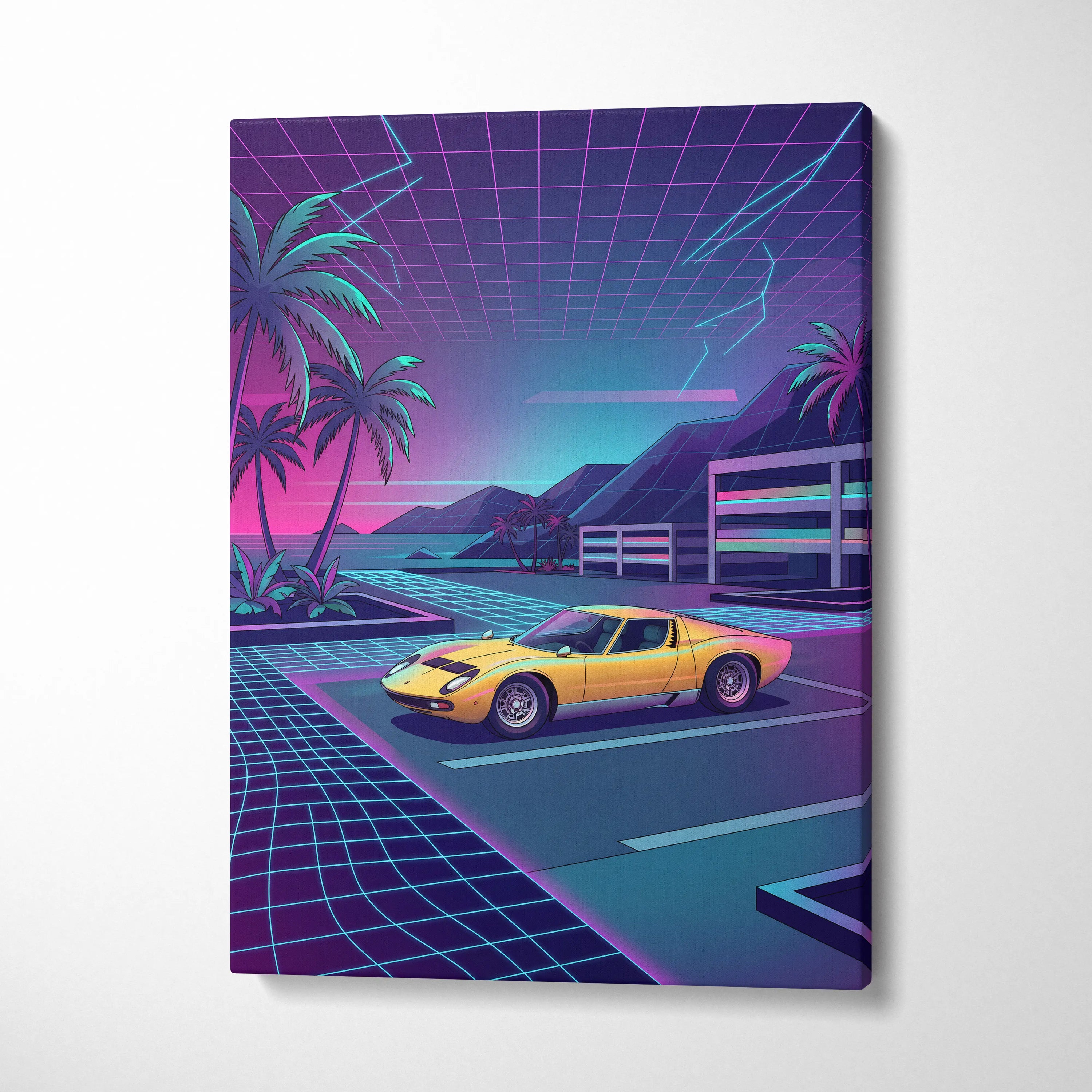 Lamborghini Miura Inspired, Neon Palm Vaporwave Canvas - Neon Palm Vaporwave Wall Art