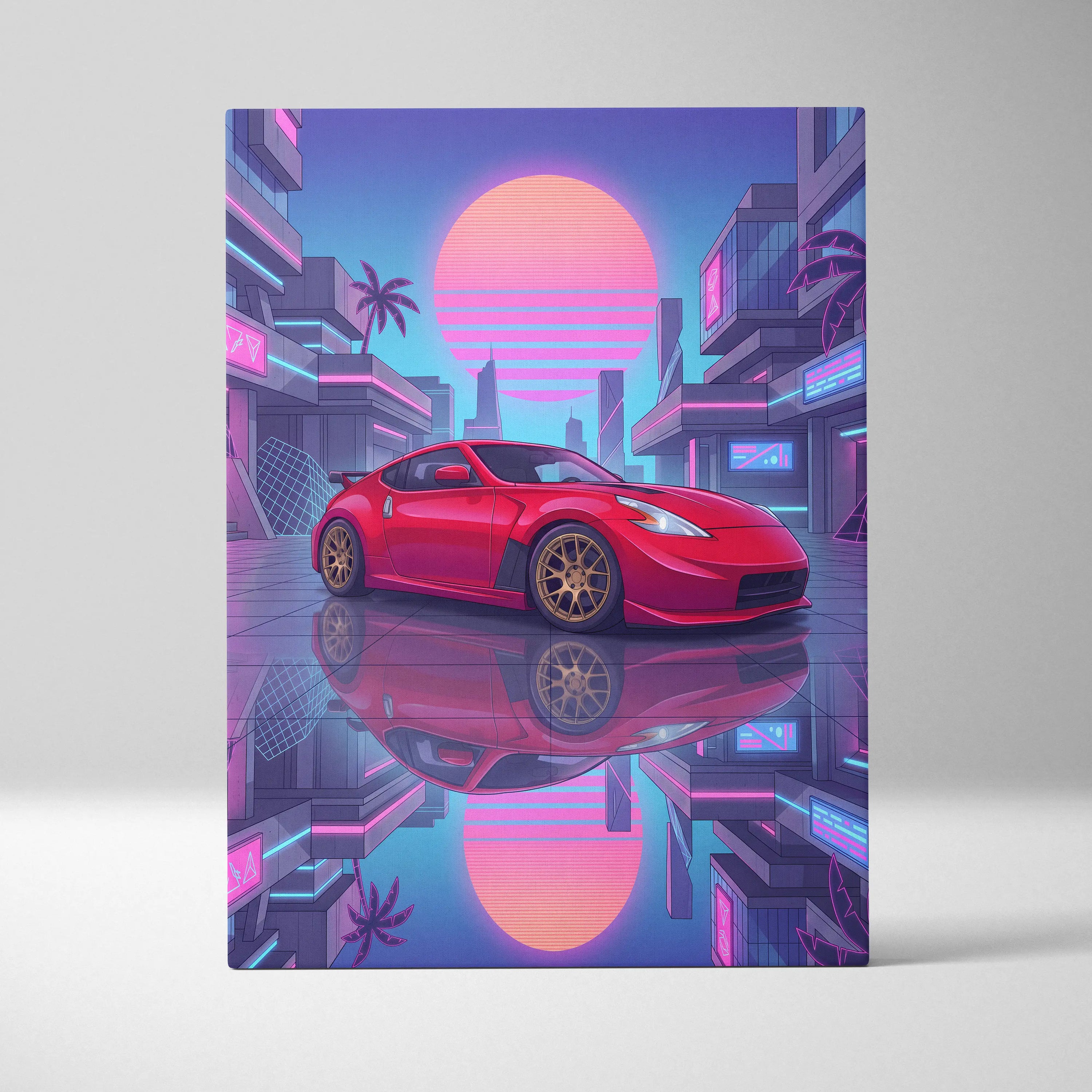Nissan 370z Neon Sunset City Drive - Vaporwave Car Neon Pink Wall Art Nostalgic Mood Canvas Print