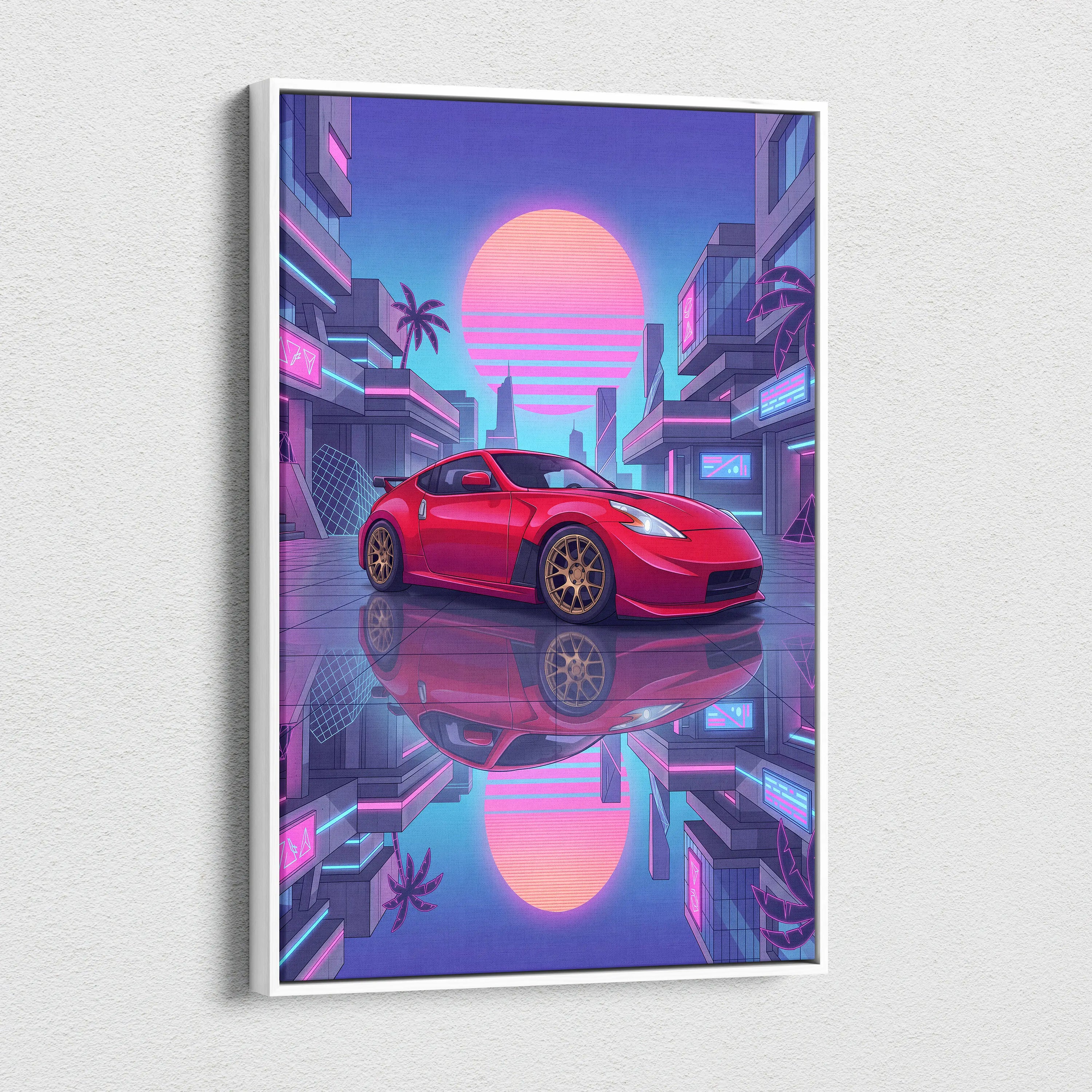 Nissan 370z Neon Sunset City Drive - Vaporwave Car Neon Pink Wall Art Nostalgic Mood Canvas Print