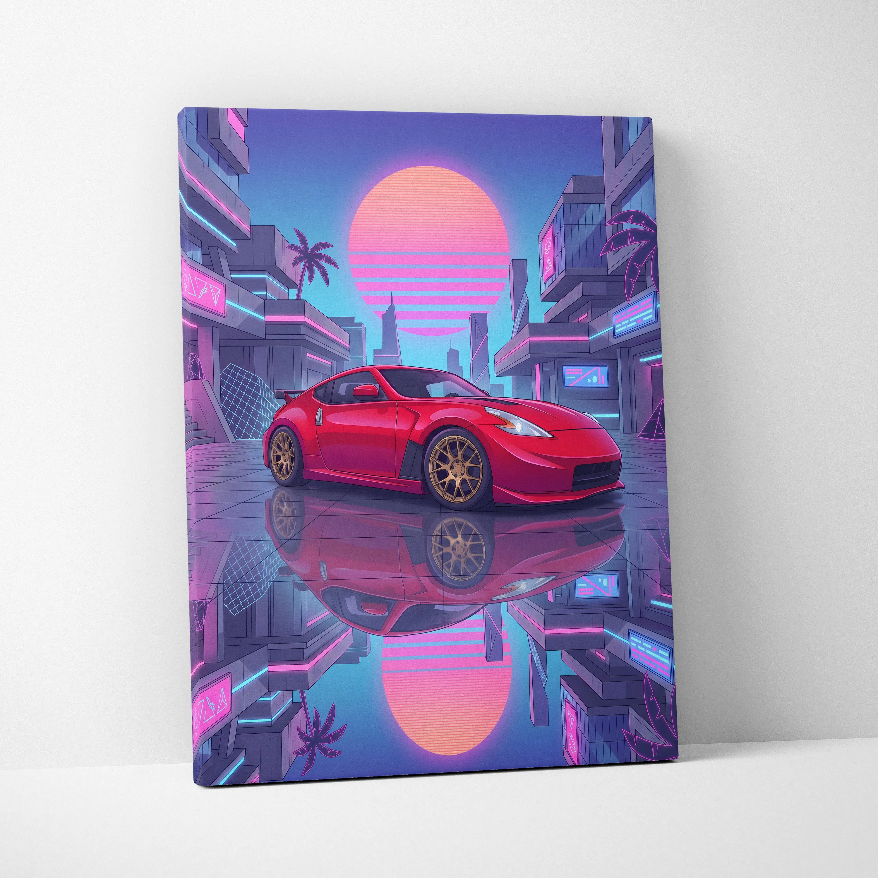 Nissan 370z Neon Sunset City Drive - Vaporwave Car Neon Pink Wall Art Nostalgic Mood Canvas Print