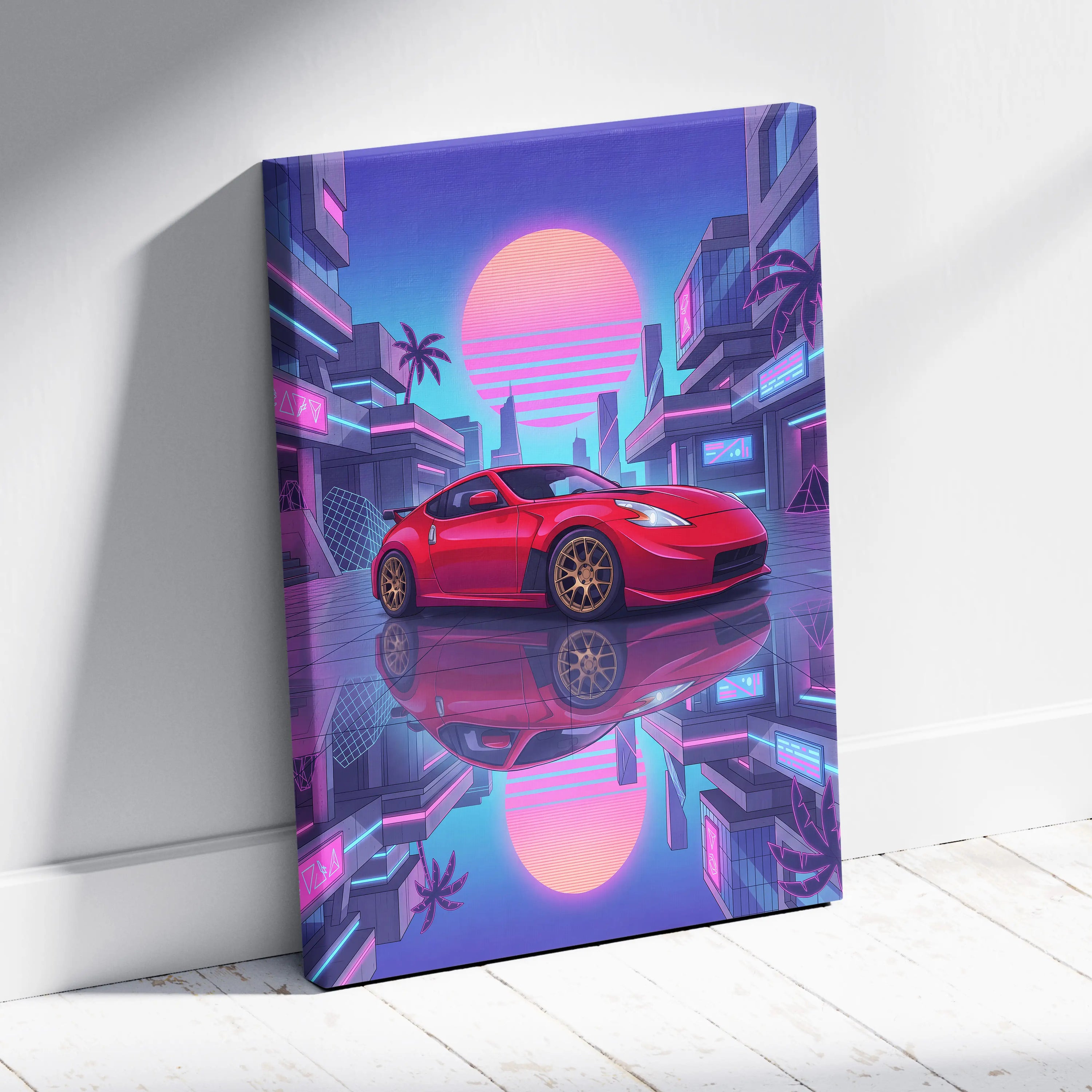 Nissan 370z Neon Sunset City Drive - Vaporwave Car Neon Pink Wall Art Nostalgic Mood Canvas Print