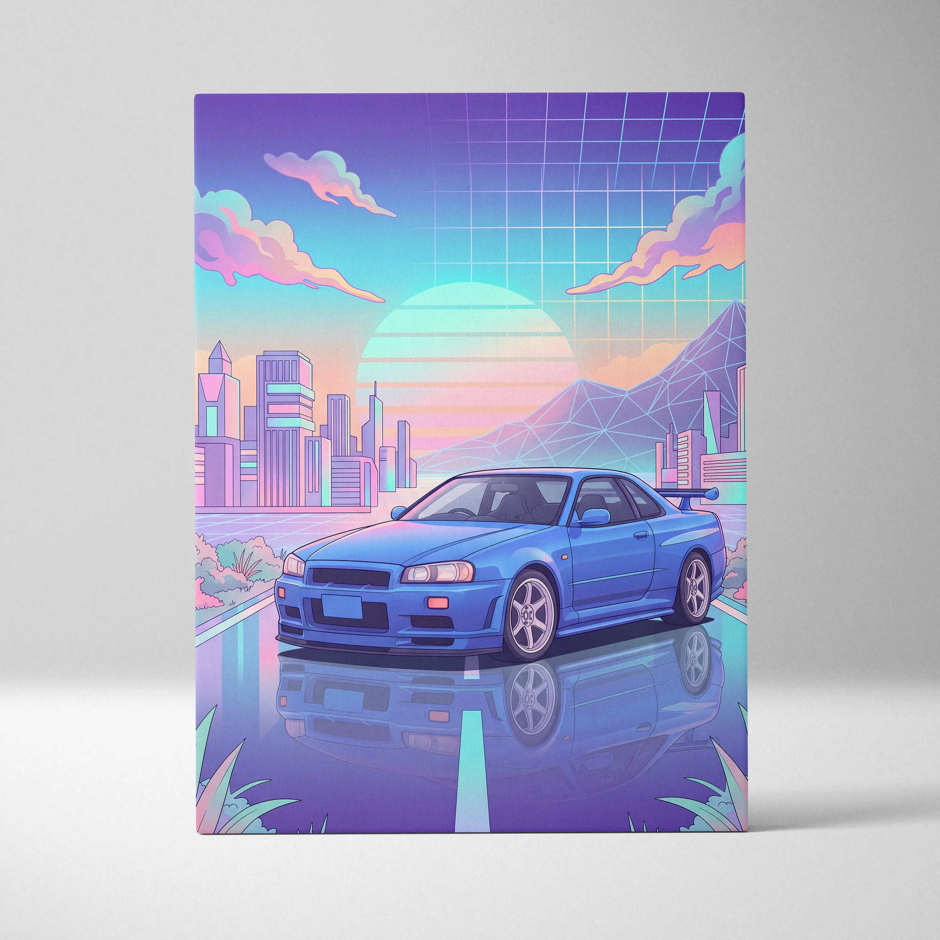 Nissan Skyline GT-R R34 Inspired Vaporwave Neon City Canvas - Car Art Neon Pink Blue Room Retro Futurism Vaporwave Canvas