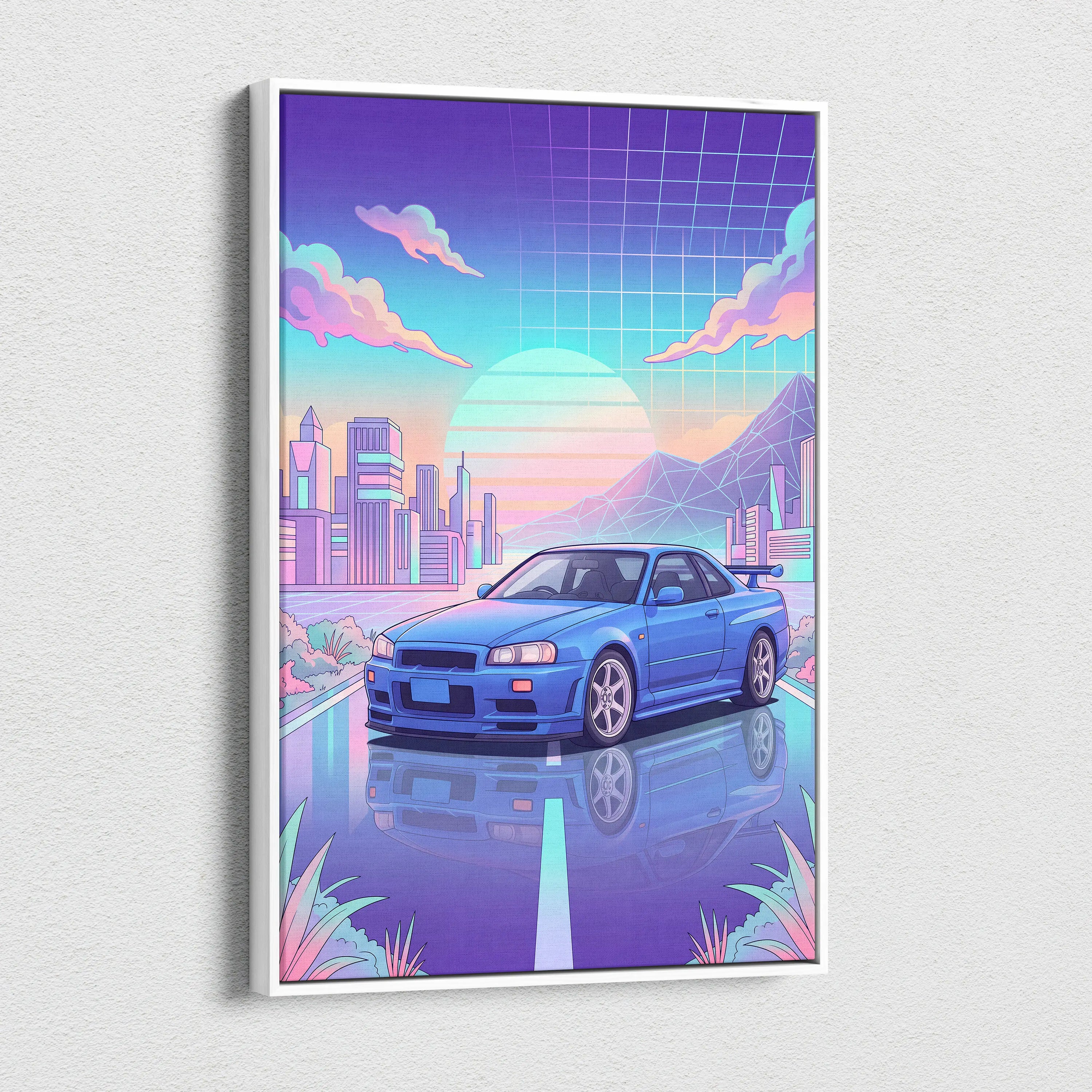 Nissan Skyline GT-R R34 Inspired Vaporwave Neon City Canvas - Car Art Neon Pink Blue Room Retro Futurism Vaporwave Canvas