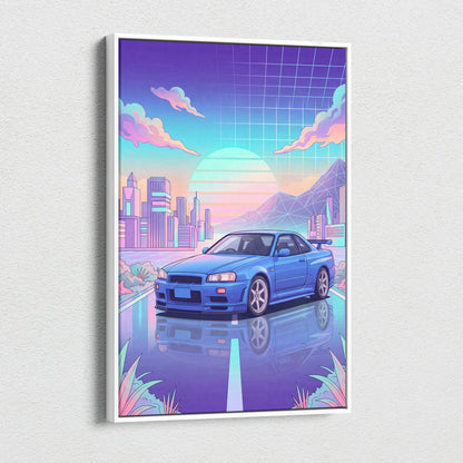Nissan Skyline GT-R R34 Inspired Vaporwave Neon City Canvas - Car Art Neon Pink Blue Room Retro Futurism Vaporwave Canvas