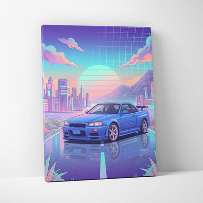 Nissan Skyline GT-R R34 Inspired Vaporwave Neon City Canvas - Car Art Neon Pink Blue Room Retro Futurism Vaporwave Canvas