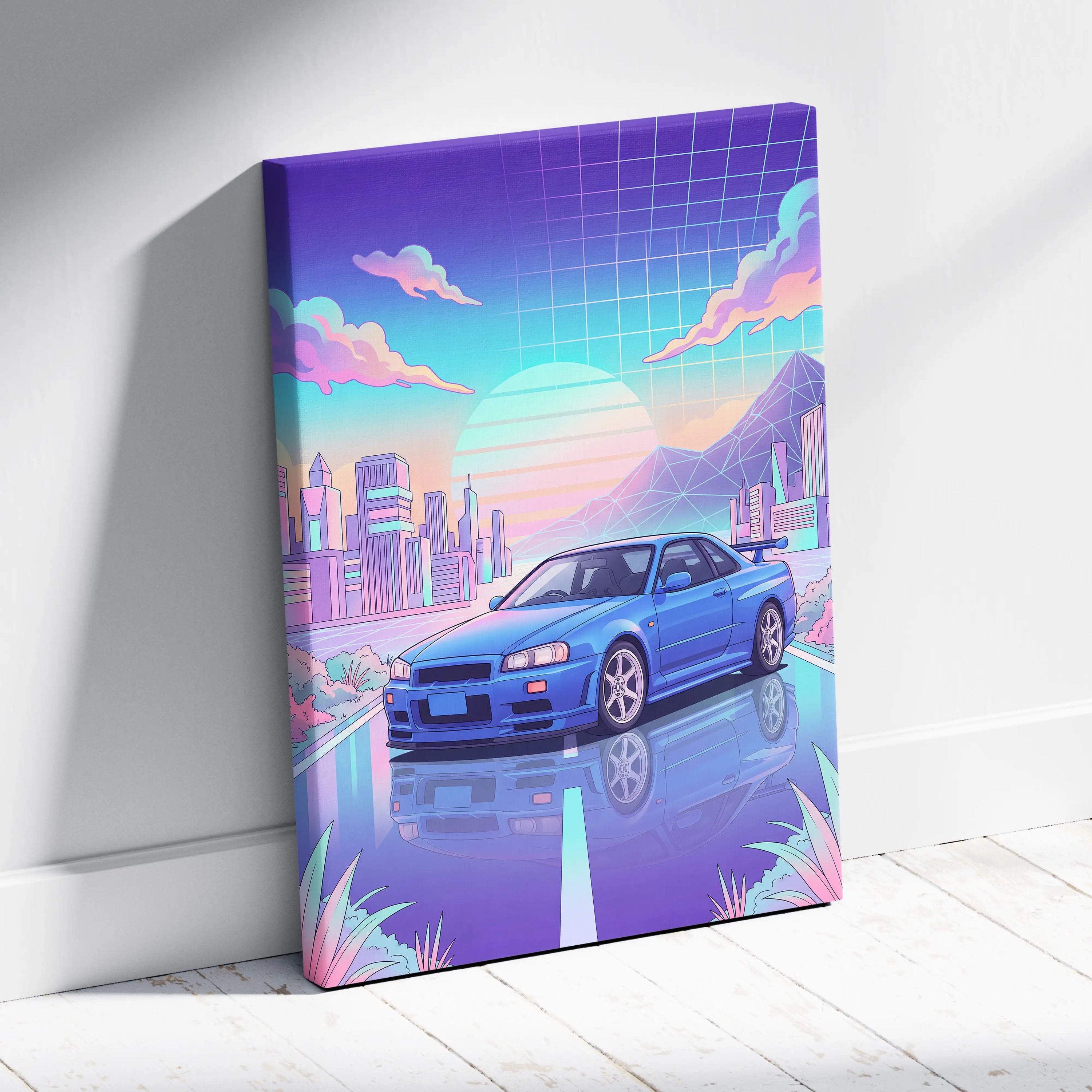 Nissan Skyline GT-R R34 Inspired Vaporwave Neon City Canvas - Car Art Neon Pink Blue Room Retro Futurism Vaporwave Canvas
