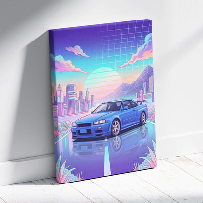 Nissan Skyline GT-R R34 Inspired Vaporwave Neon City Canvas - Car Art Neon Pink Blue Room Retro Futurism Vaporwave Canvas
