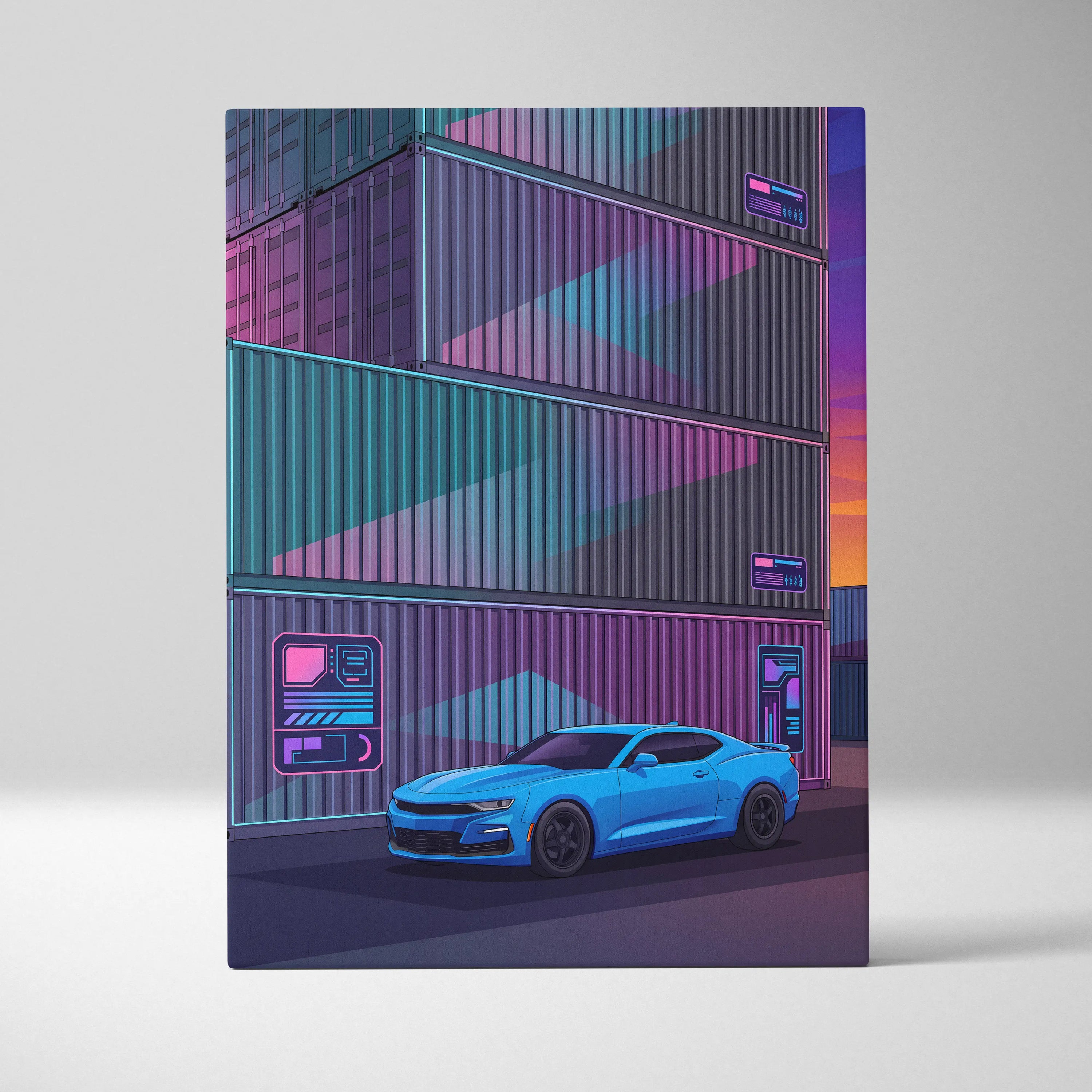 Chevrolet Camaro Inspired Vaporwave Car Canvas - Car Artwork Neon Pink Purple Teal Vaporwave Mood Neon Nostalgia Decor Style Gallery Canvas