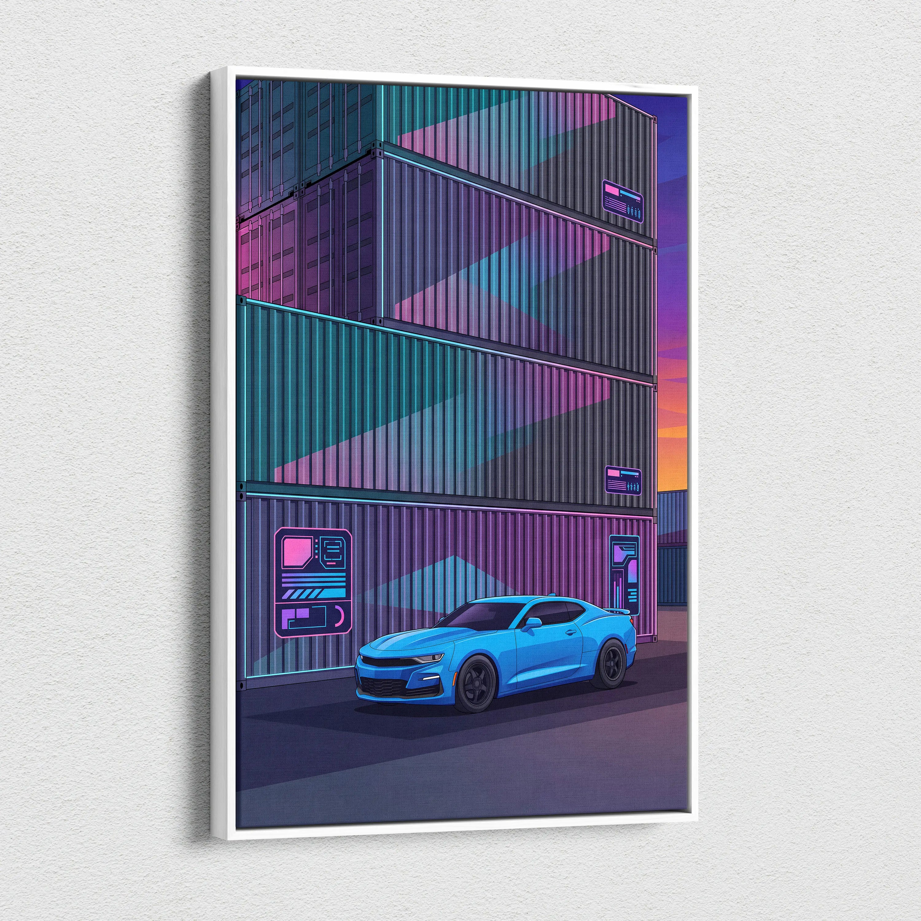 Chevrolet Camaro Inspired Vaporwave Car Canvas - Car Artwork Neon Pink Purple Teal Vaporwave Mood Neon Nostalgia Decor Style Gallery Canvas