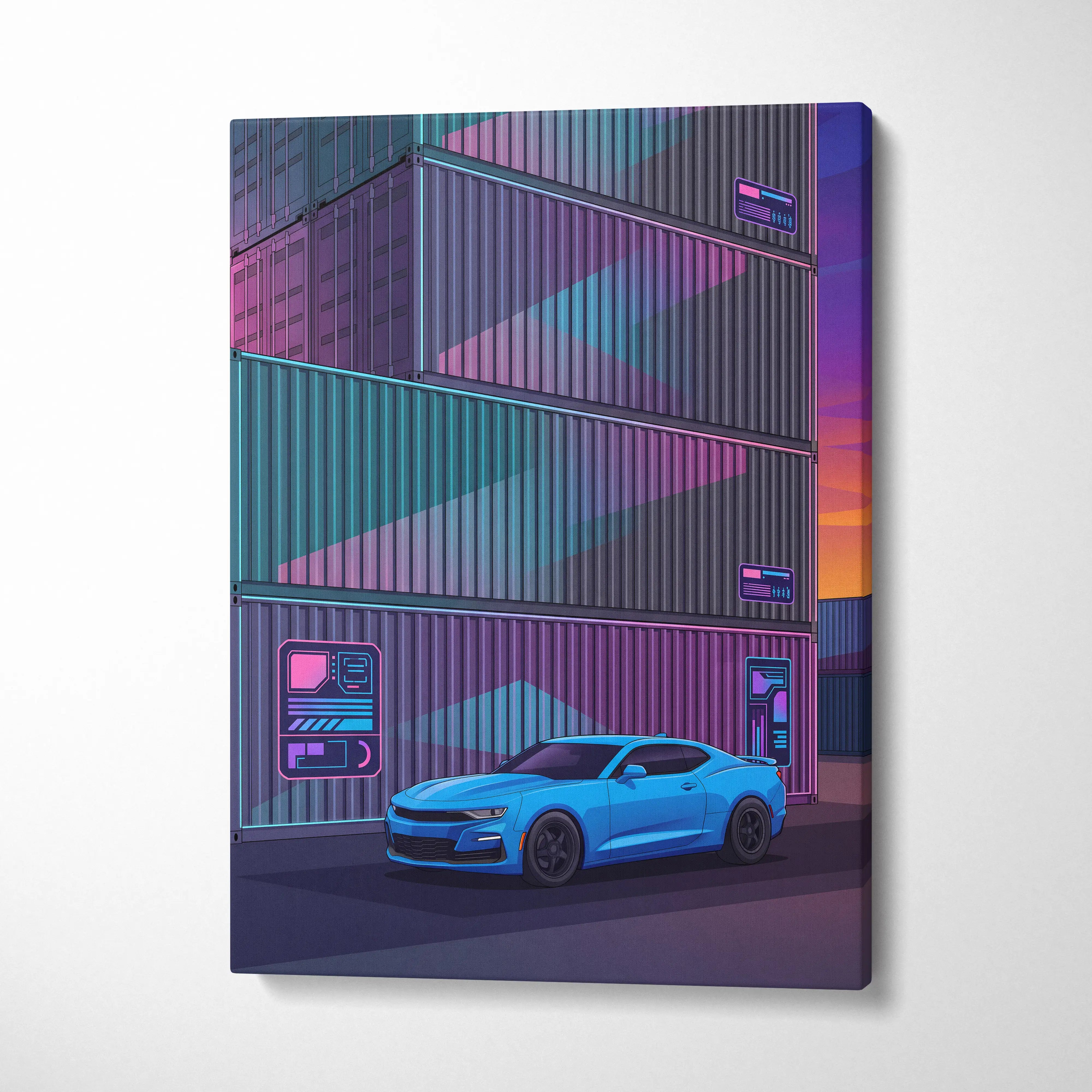 Chevrolet Camaro Inspired Vaporwave Car Canvas - Car Artwork Neon Pink Purple Teal Vaporwave Mood Neon Nostalgia Decor Style Gallery Canvas