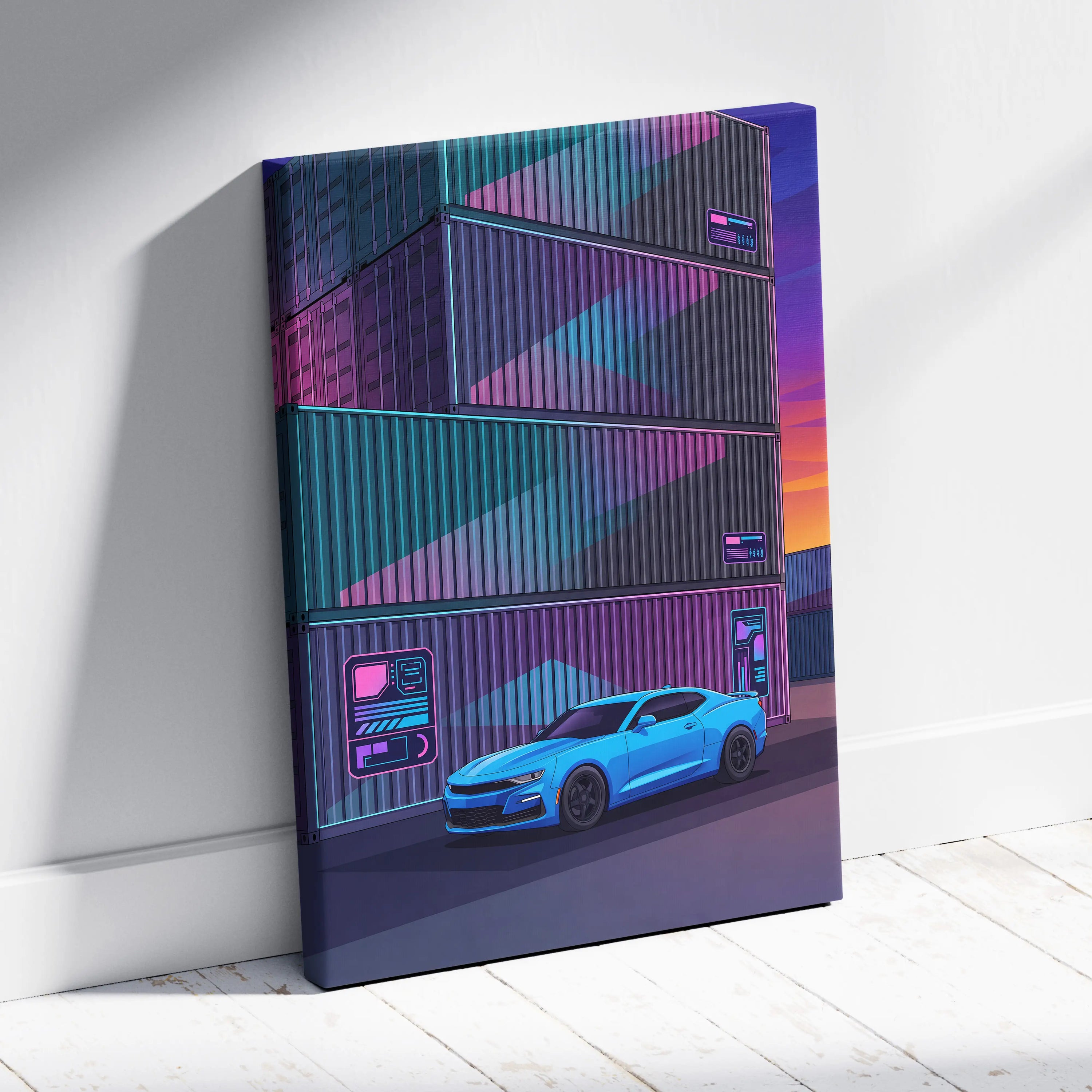 Chevrolet Camaro Inspired Vaporwave Car Canvas - Car Artwork Neon Pink Purple Teal Vaporwave Mood Neon Nostalgia Decor Style Gallery Canvas