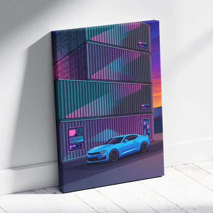 Chevrolet Camaro Inspired Vaporwave Car Canvas - Car Artwork Neon Pink Purple Teal Vaporwave Mood Neon Nostalgia Decor Style Gallery Canvas