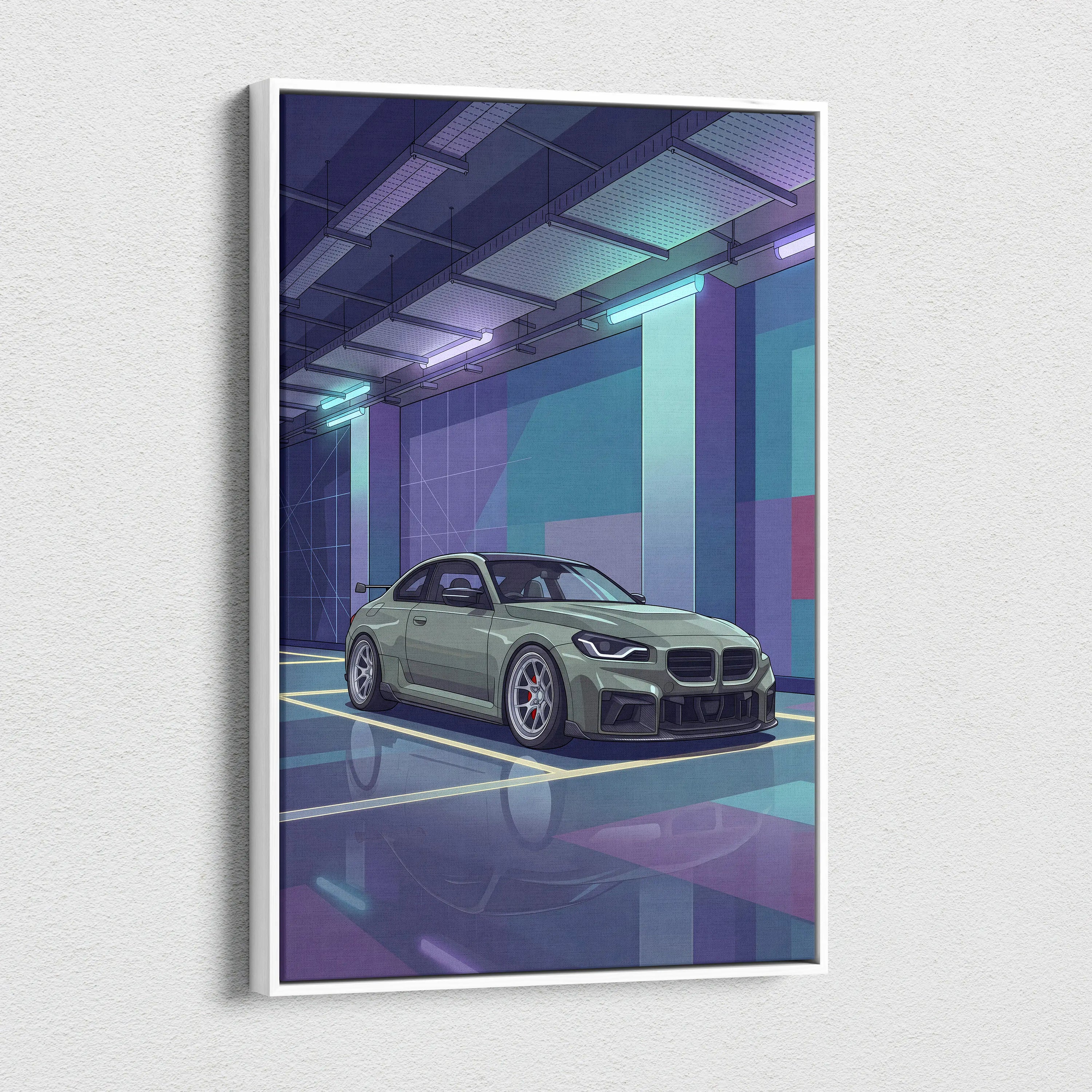BMW M2 Inspired Vaporwave Car Canvas - Car Artwork Purple Teal Vaporwave Living Room Nostalgic Glow Retro Futurism Wall Art Canvas