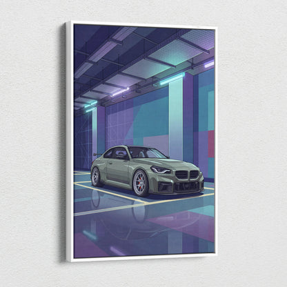 BMW M2 Inspired Vaporwave Car Canvas - Car Artwork Purple Teal Vaporwave Living Room Nostalgic Glow Retro Futurism Wall Art Canvas