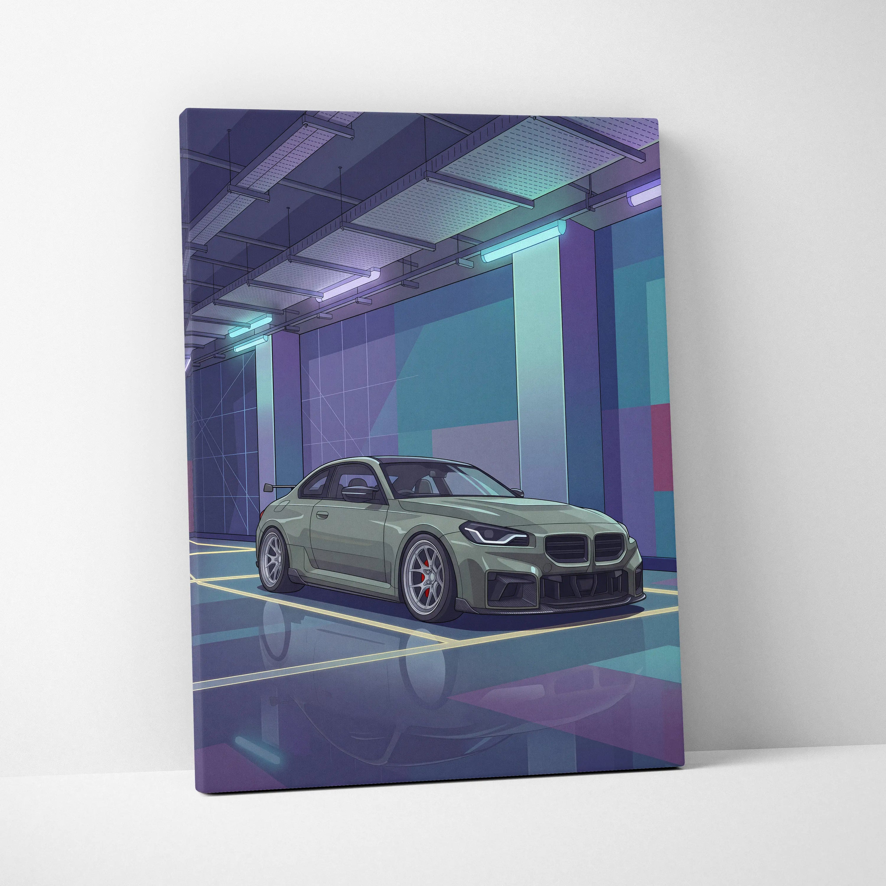 BMW M2 Inspired Vaporwave Car Canvas - Car Artwork Purple Teal Vaporwave Living Room Nostalgic Glow Retro Futurism Wall Art Canvas